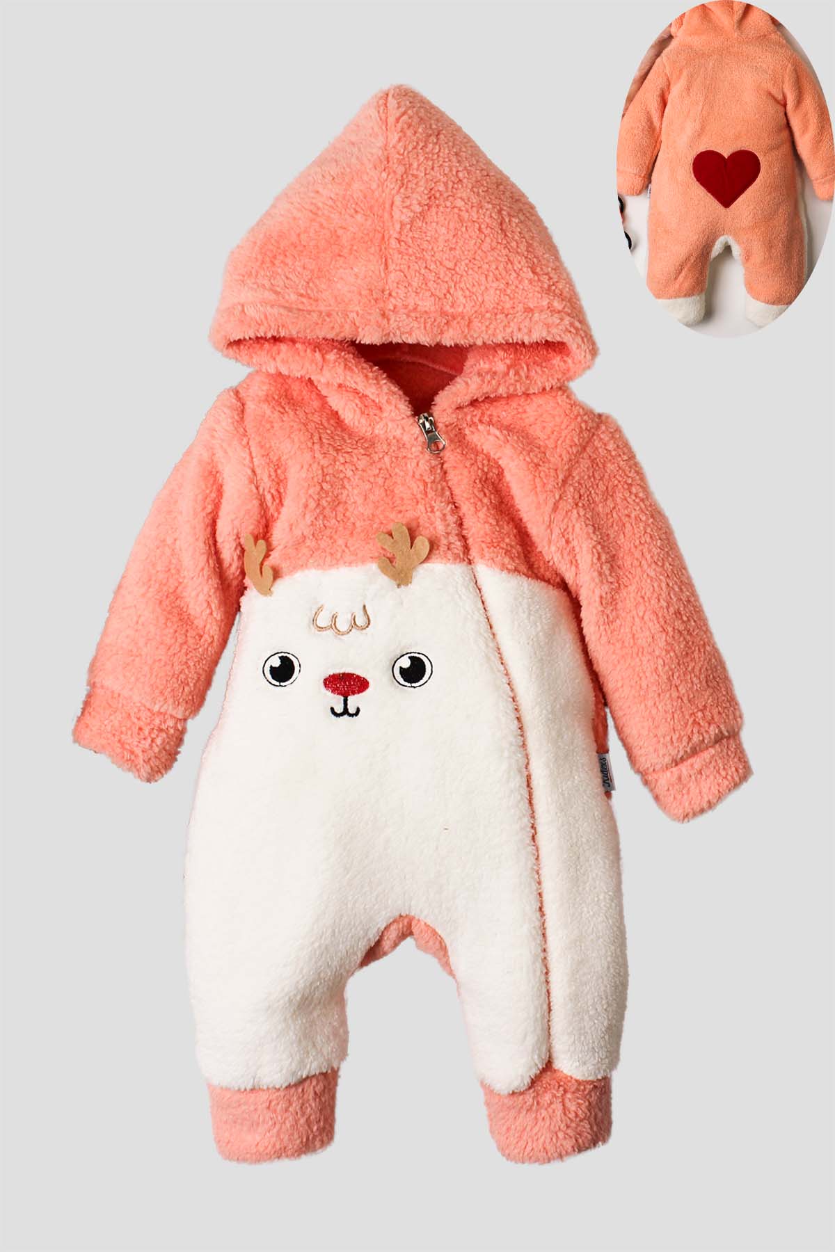 Kız Bebek Geyik Desenli Kalpli Sırt Detaylı Fermuarlı Peluş Tulum 0-12 Ay