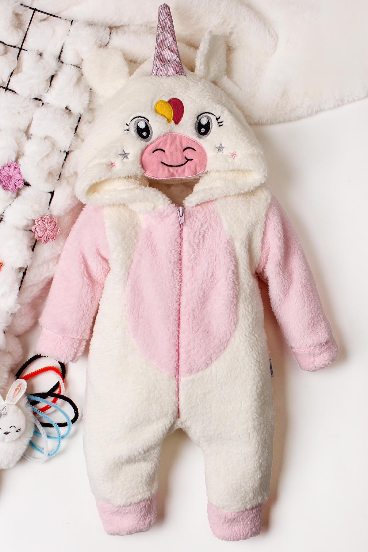 Unicorn Figürlü Kapüşonlu Peluş Bebek Tulum 0-12 Ay