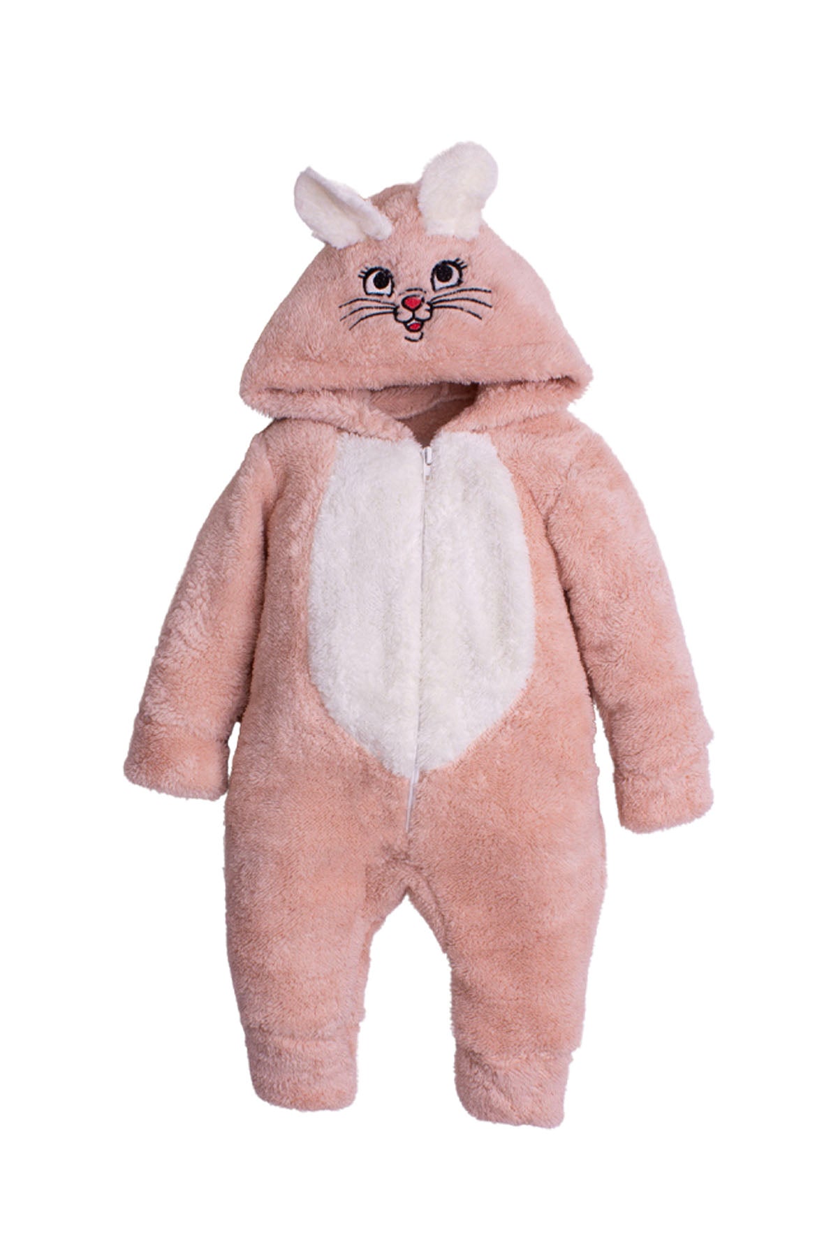 Unisex Bebek Tavşan Figürlü Kapüşonlu Peluş Tulum 0-12 Ay