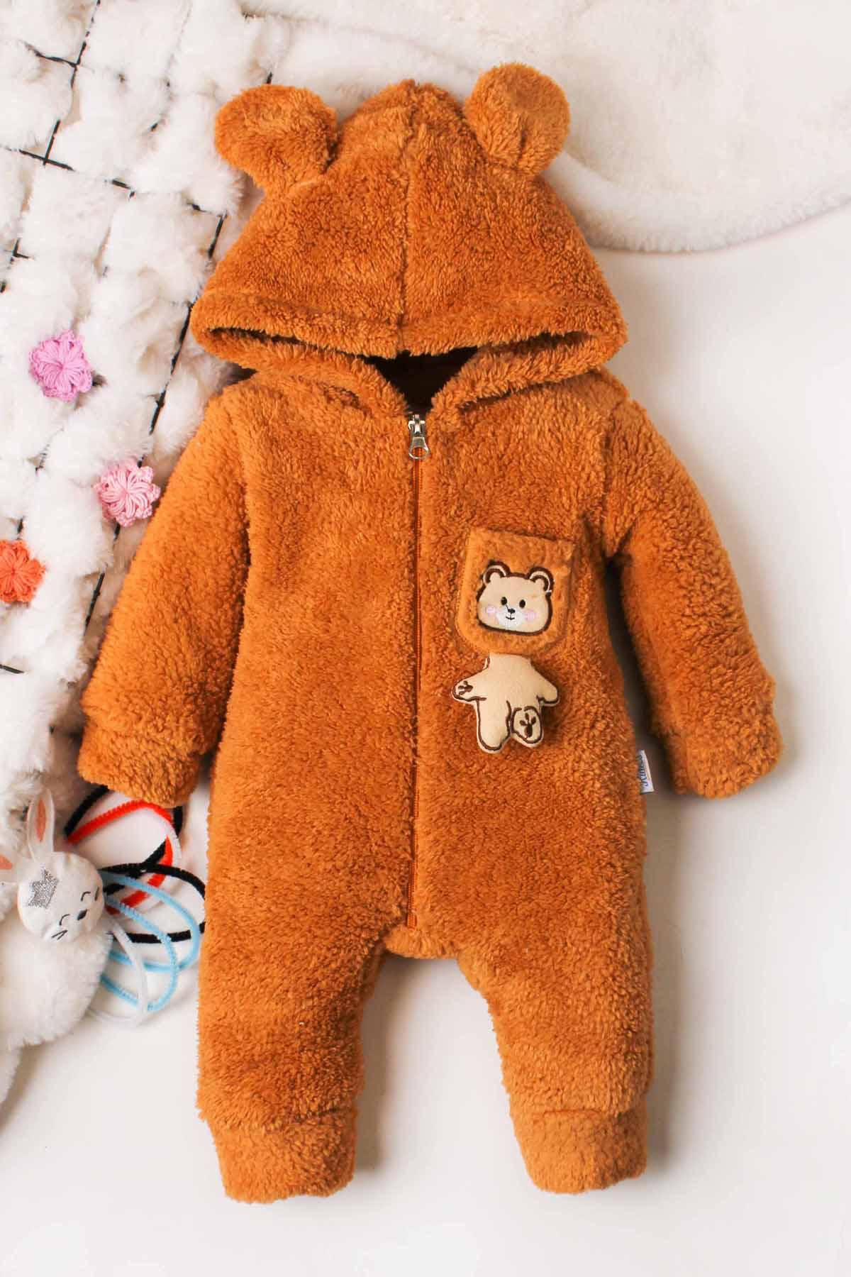 Peluş Ayıcık Cepli Kulaklı Kapüşonlu Kışlık Bebek Tulum Taba 0 24 Ay