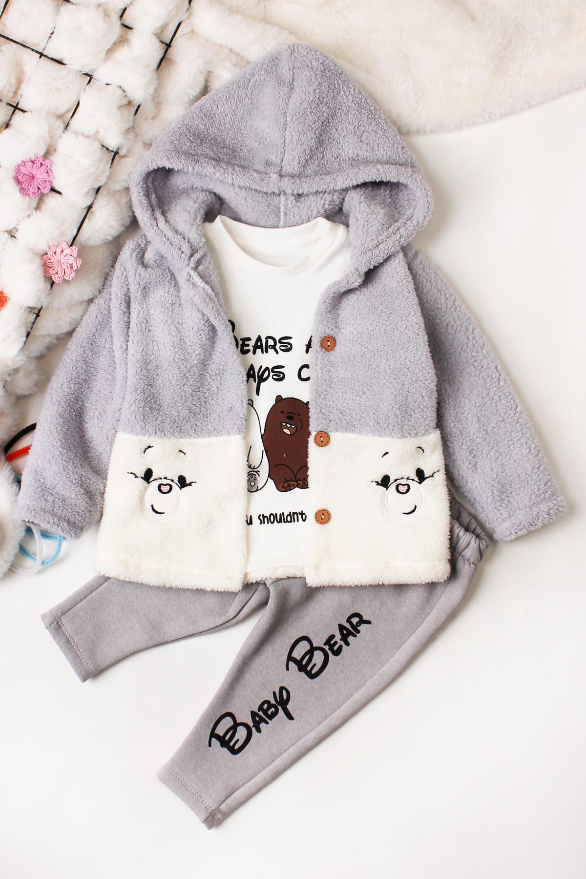 Unisex Bebek 3 Lü Baby Bear Baskılı Kapüşonlu Takım 6 - 24 Ay