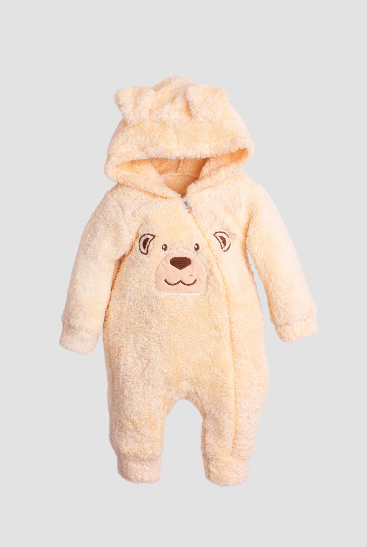 Unisex Kapüşonlu Gülümseyen Ayıcık Desenli Peluş Bebek Tulum 0-12 Ay