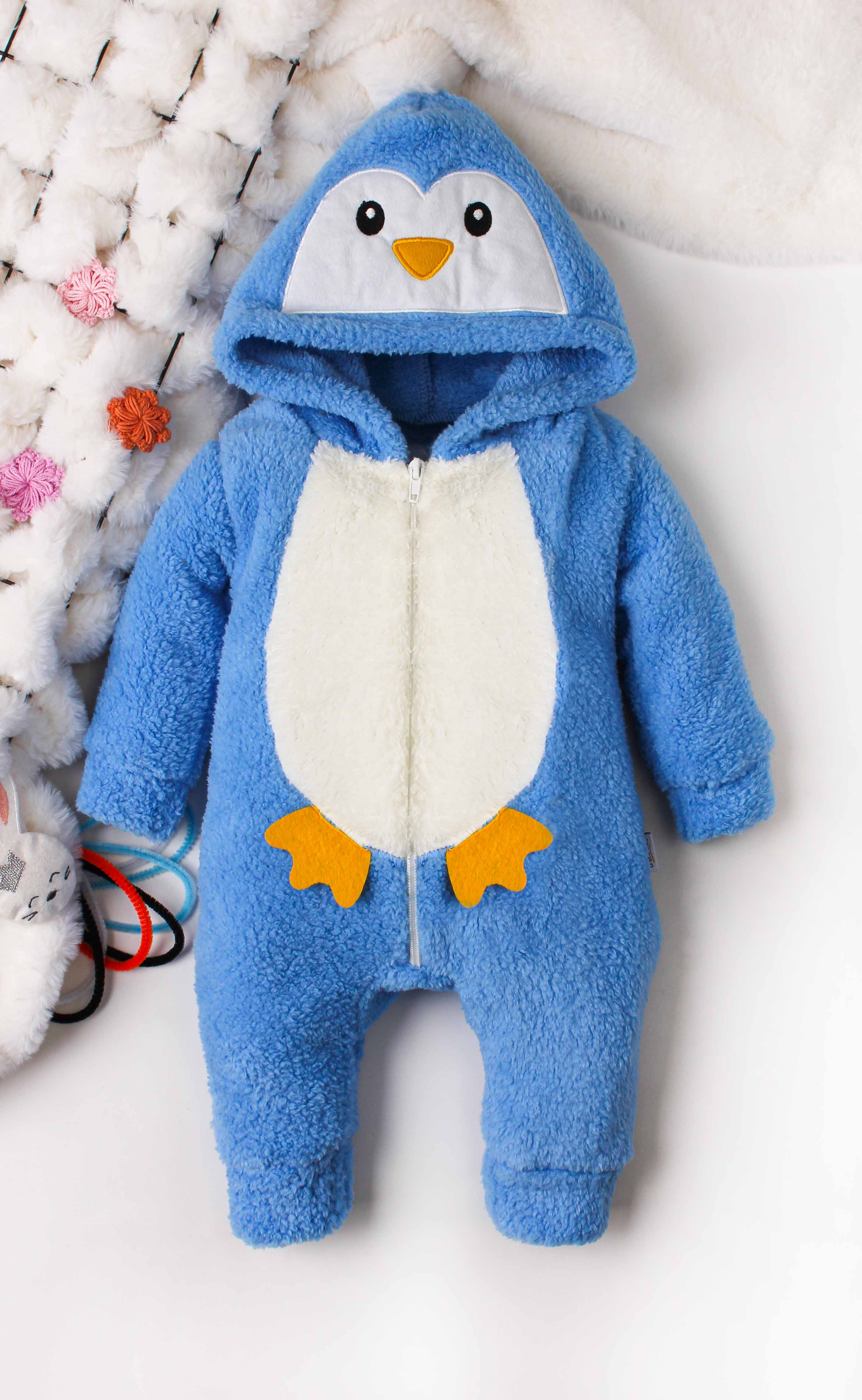 Penguen Figürlü Kapüşonlu Peluş Tulum 0-12 Ay