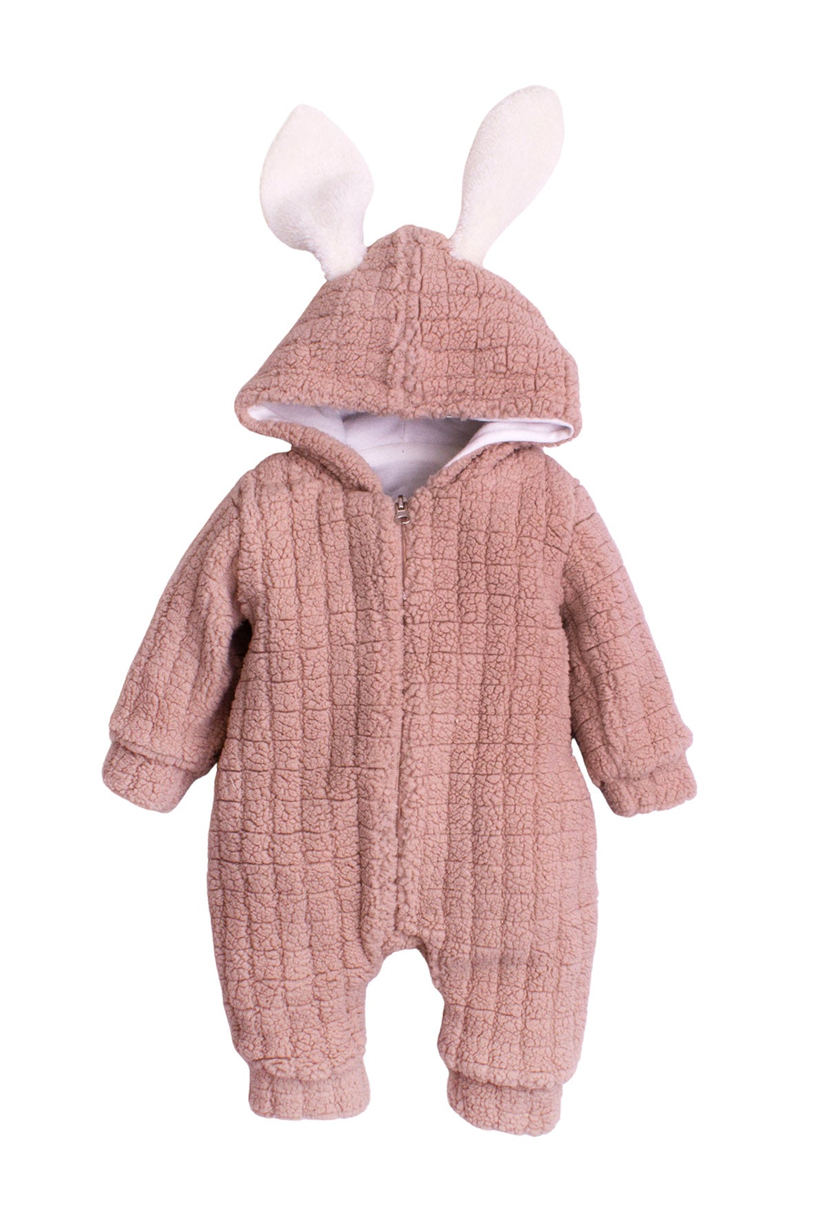 Unisex Tavşan Kulaklı Kapüşonlu Peluş Bebek Tulum 0-12 Ay