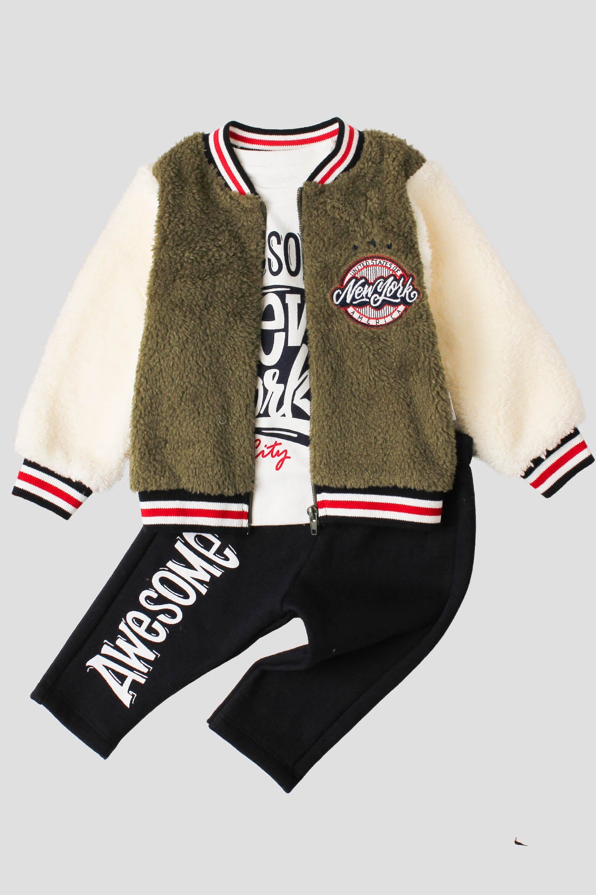Erkek Bebek New York Temalı Peluş Detaylı Kışlık 3'lü Takım Mont Tişört Pantolon 9 24 Ay