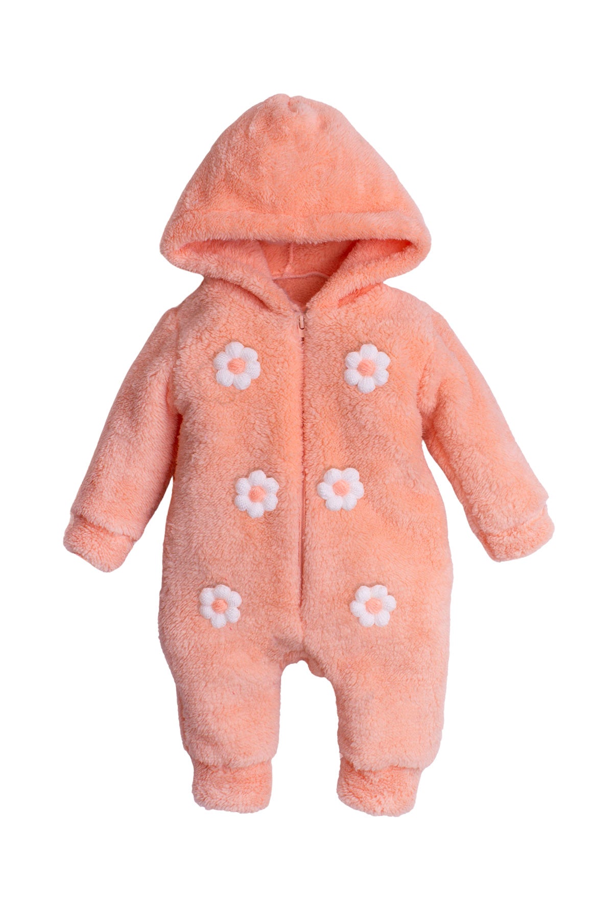 Kız Bebek Çiçek Nakışlı Peluş Kapüşonlu Tulum 0-12 Ay