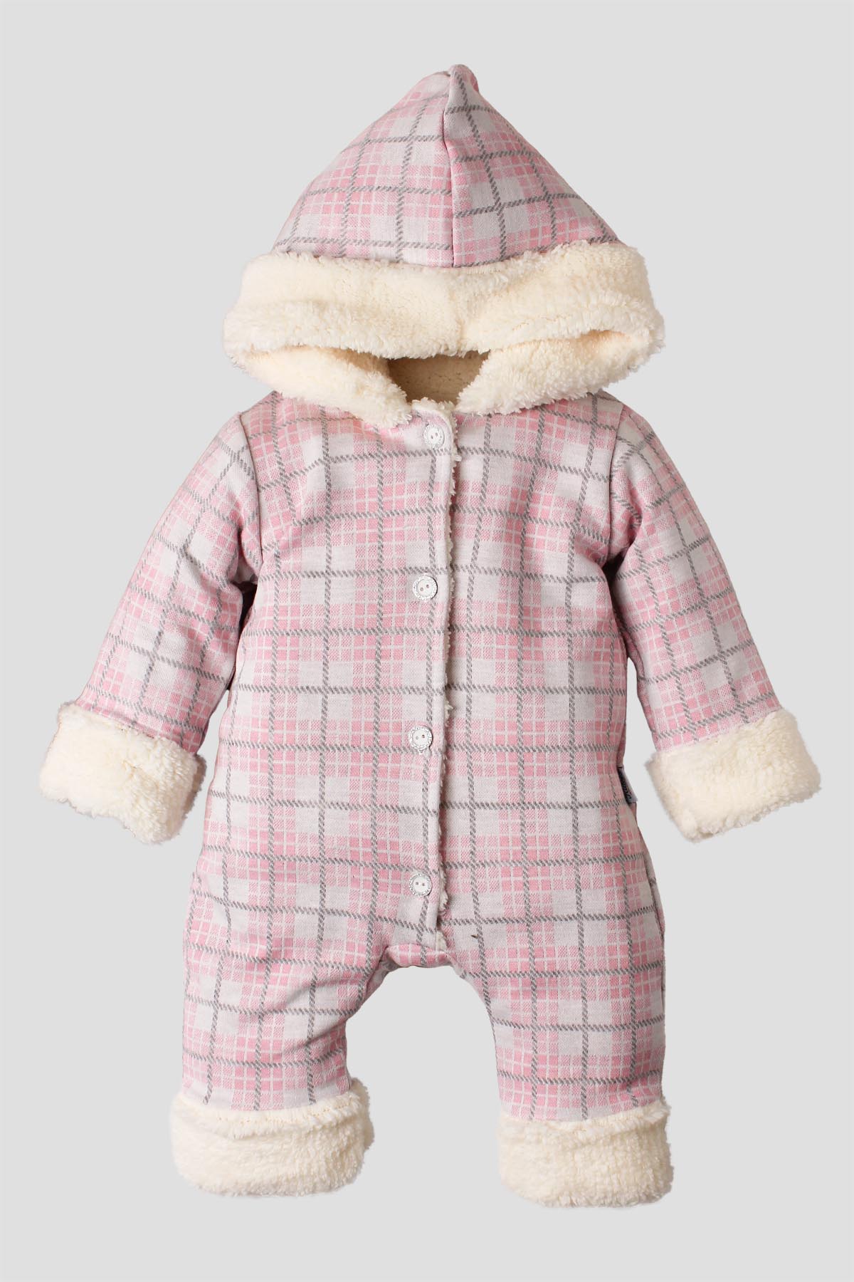 Kız Bebek Kapüşonlu Ekose Desenli Peluş Astarlı Tulum 0 12 Ay