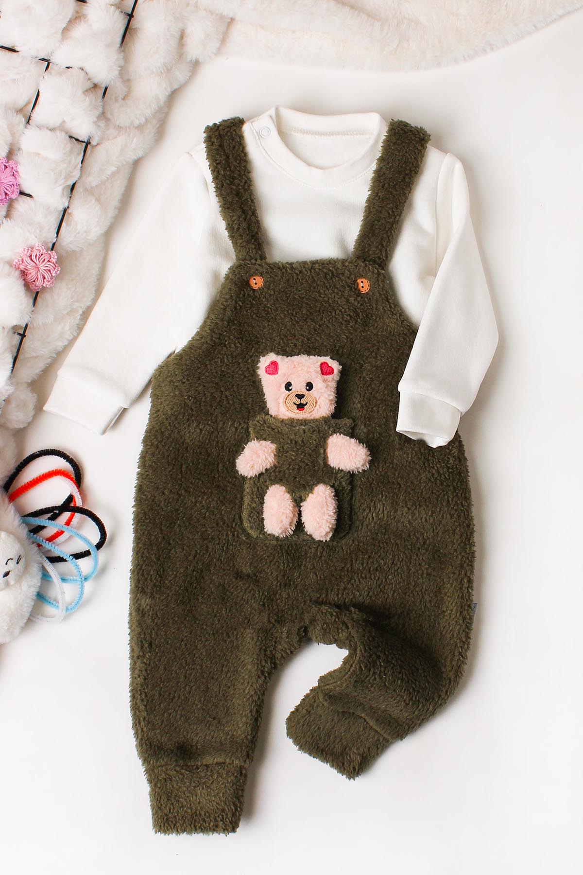 Unisex Peluş Ayıcık Cepli Askılı Tulumlu 2’li Takım 6-24 Ay