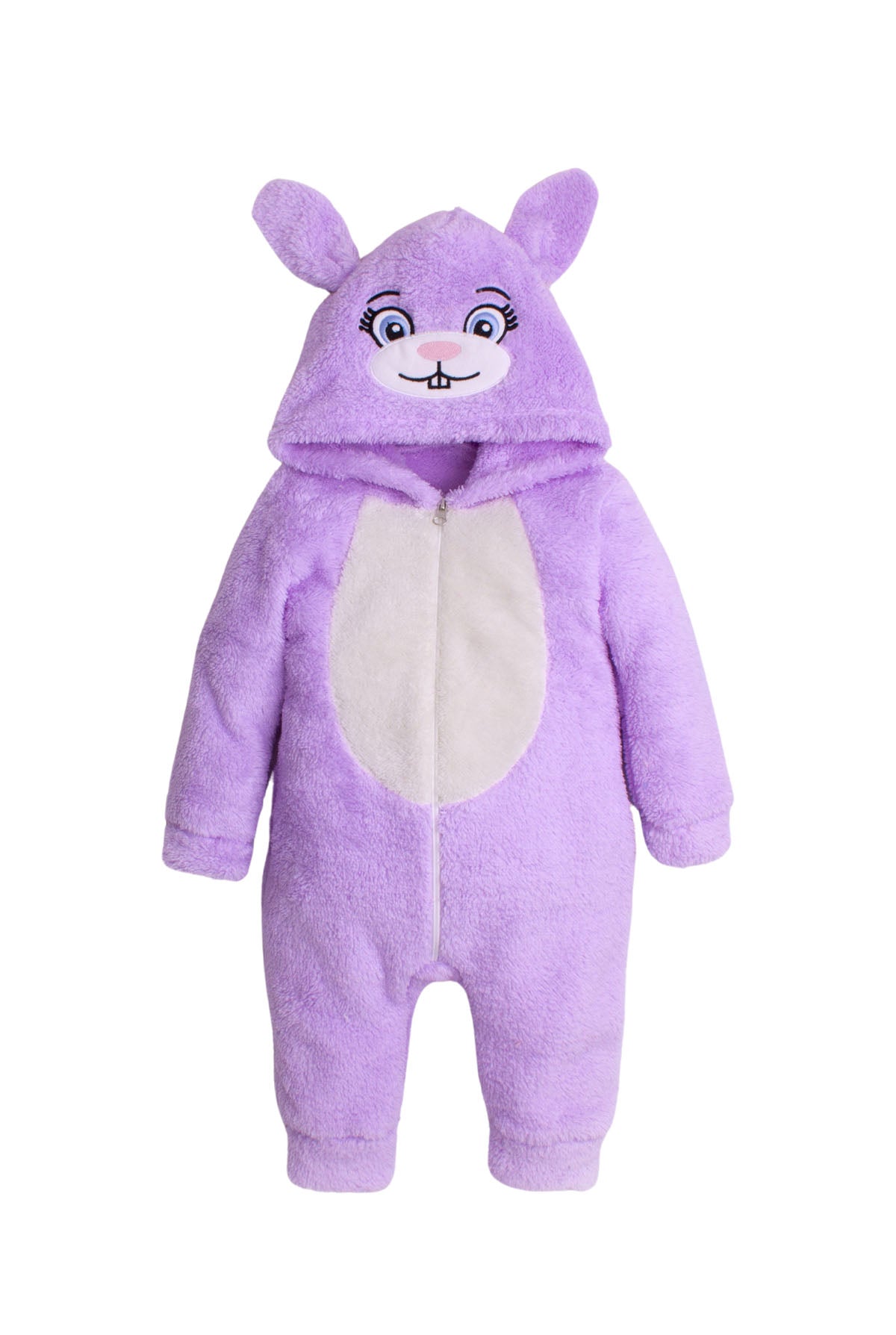 Unisex Kapüşonlu Tavşan Figürlü Peluş Bebek Tulum 0-12 Ay