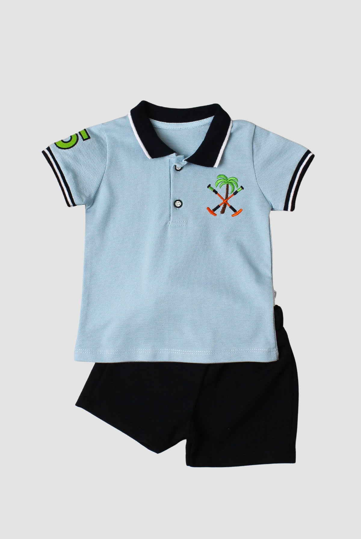 Erkek Bebek Yazlık Polo Yaka Nakışlı Şortlu 2'li Takım 9 24 Ay