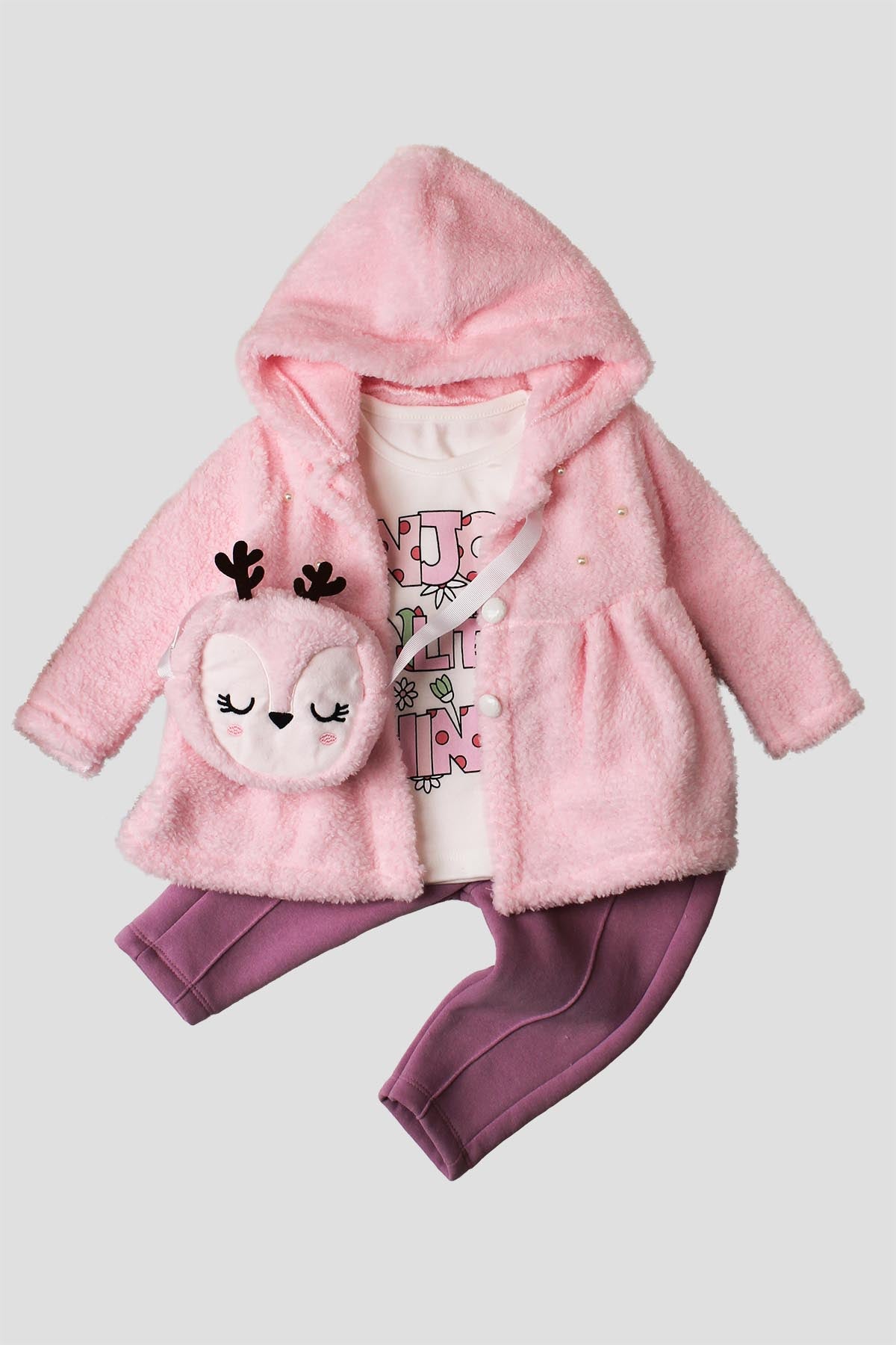 Kız Bebek 3 Lü Çantalı Kapüşonlu Peluş Takım 6-24 Ay