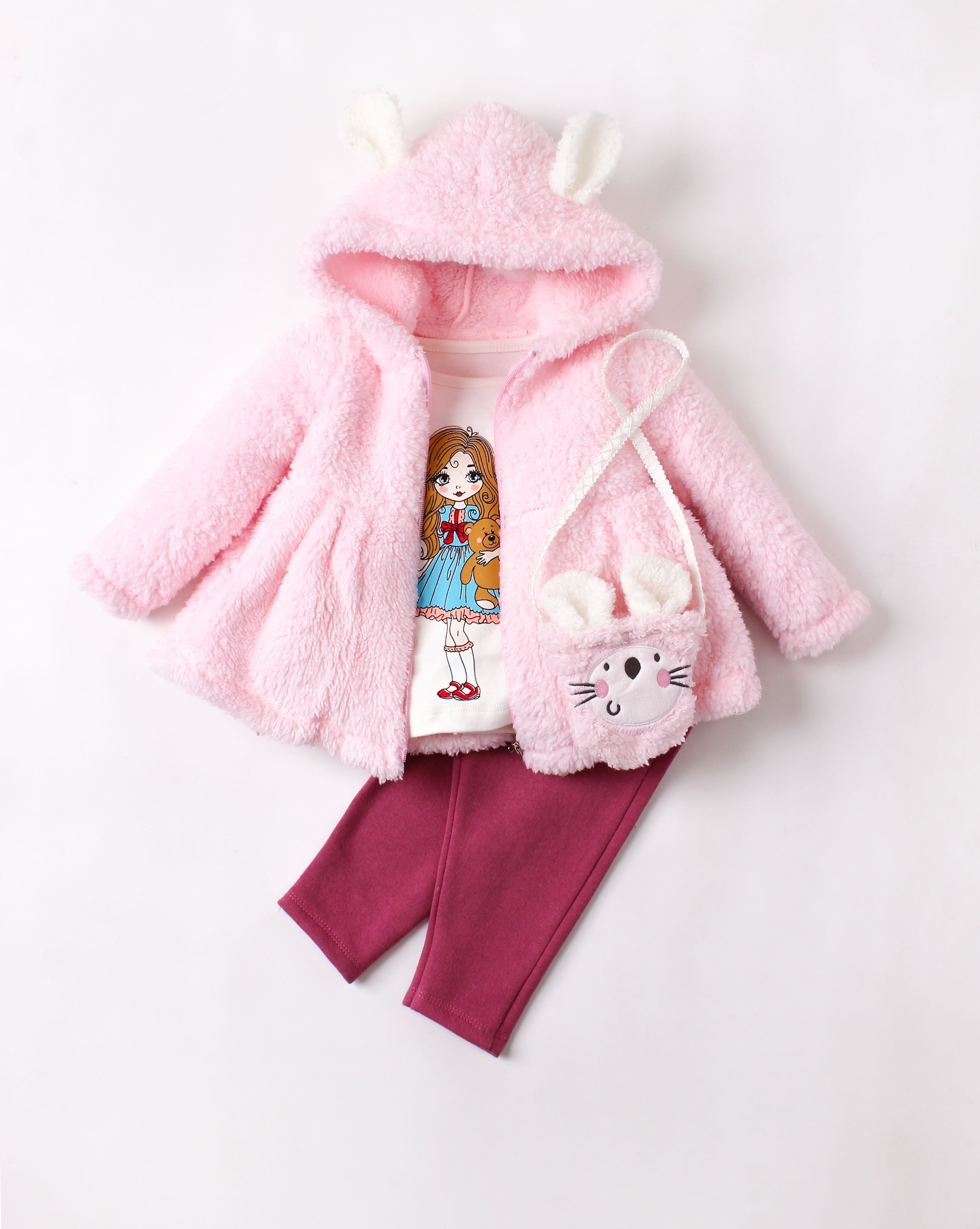 Kız Bebek Tavşan Çantalı Peluş Montlu 3 Parça Takım 9-24 Ay