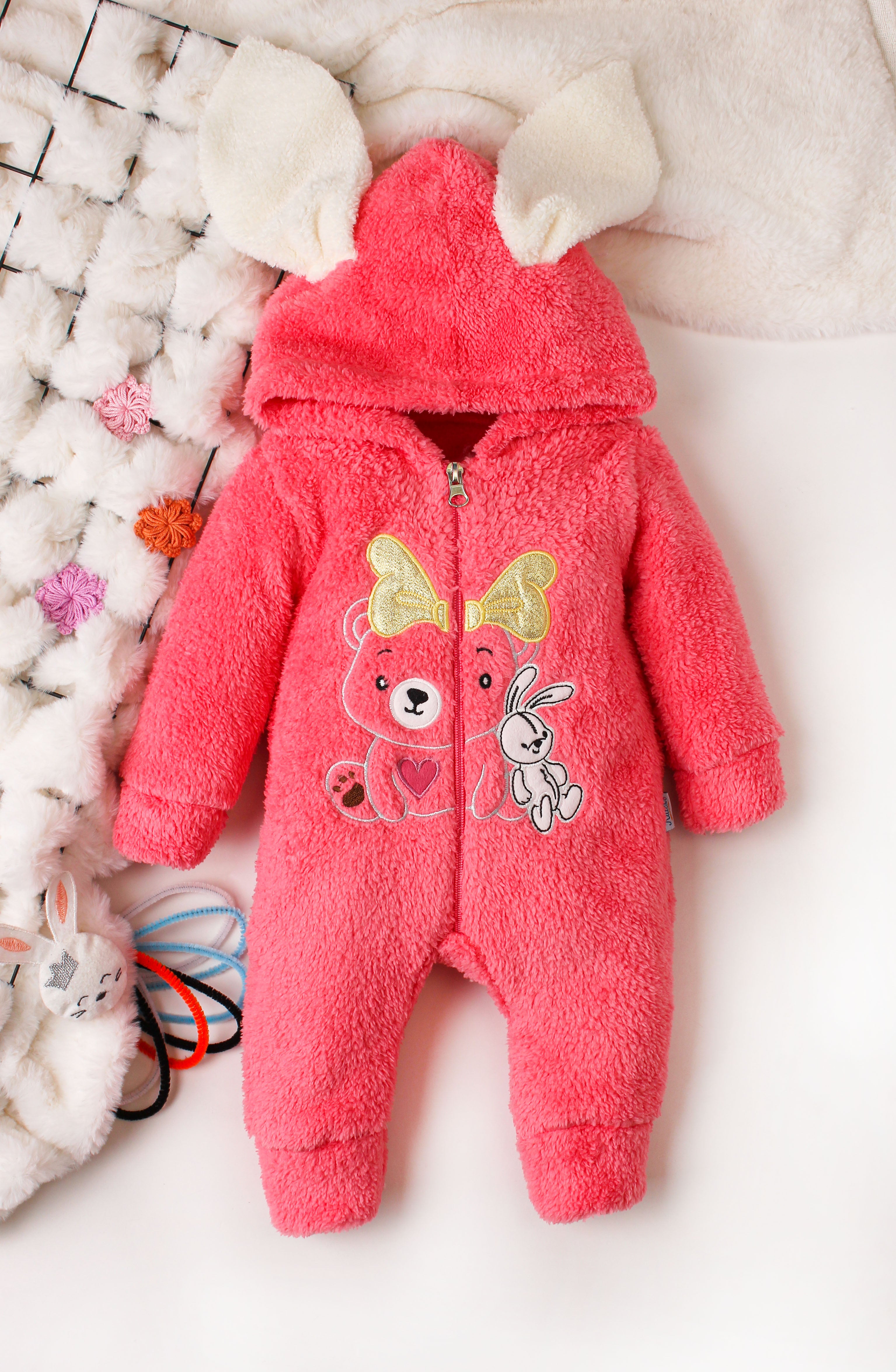 Kapüşonlu Tavşan Kulaklı Nakışlı Peluş Kız Bebek Tulum 0-12 Ay