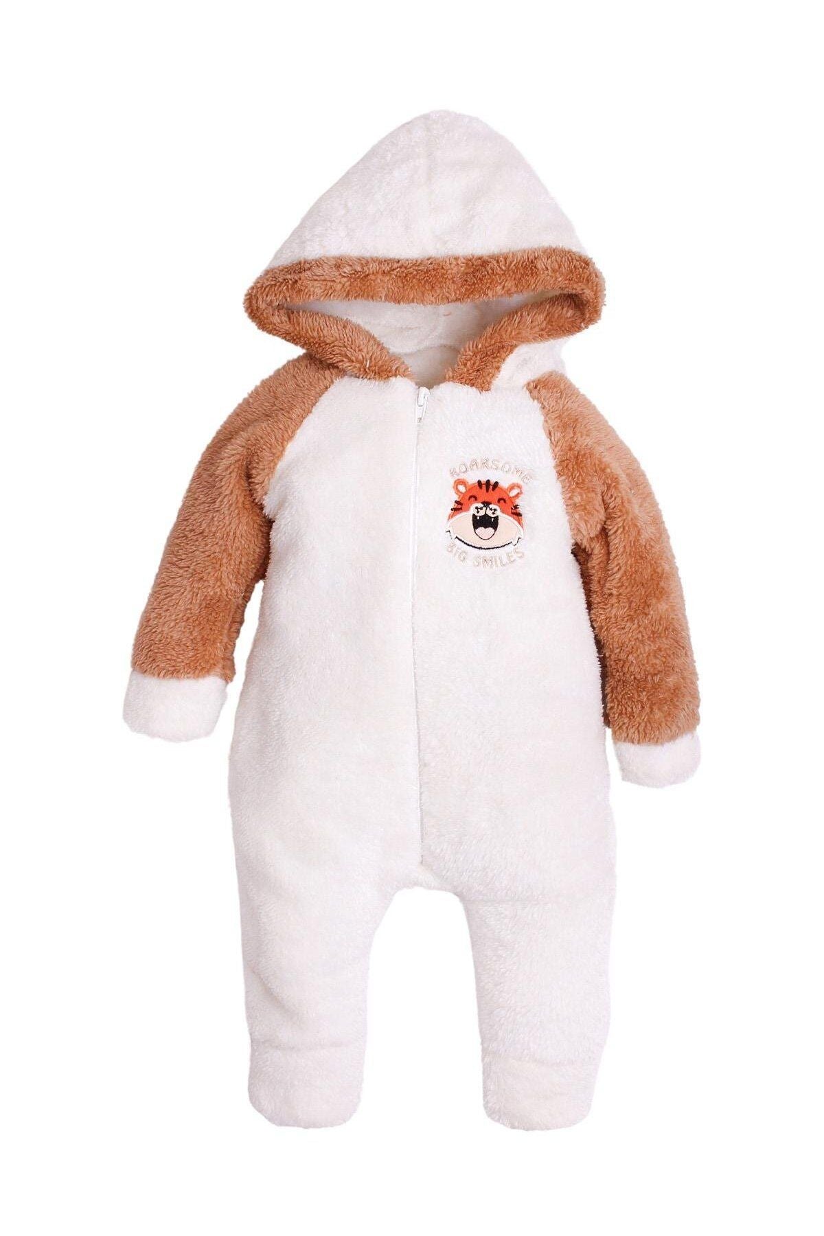 Kışlık Tatlı Peluş Pamuklu Kaplan Nakışlı Kapüşonlu Welsoft Tulum