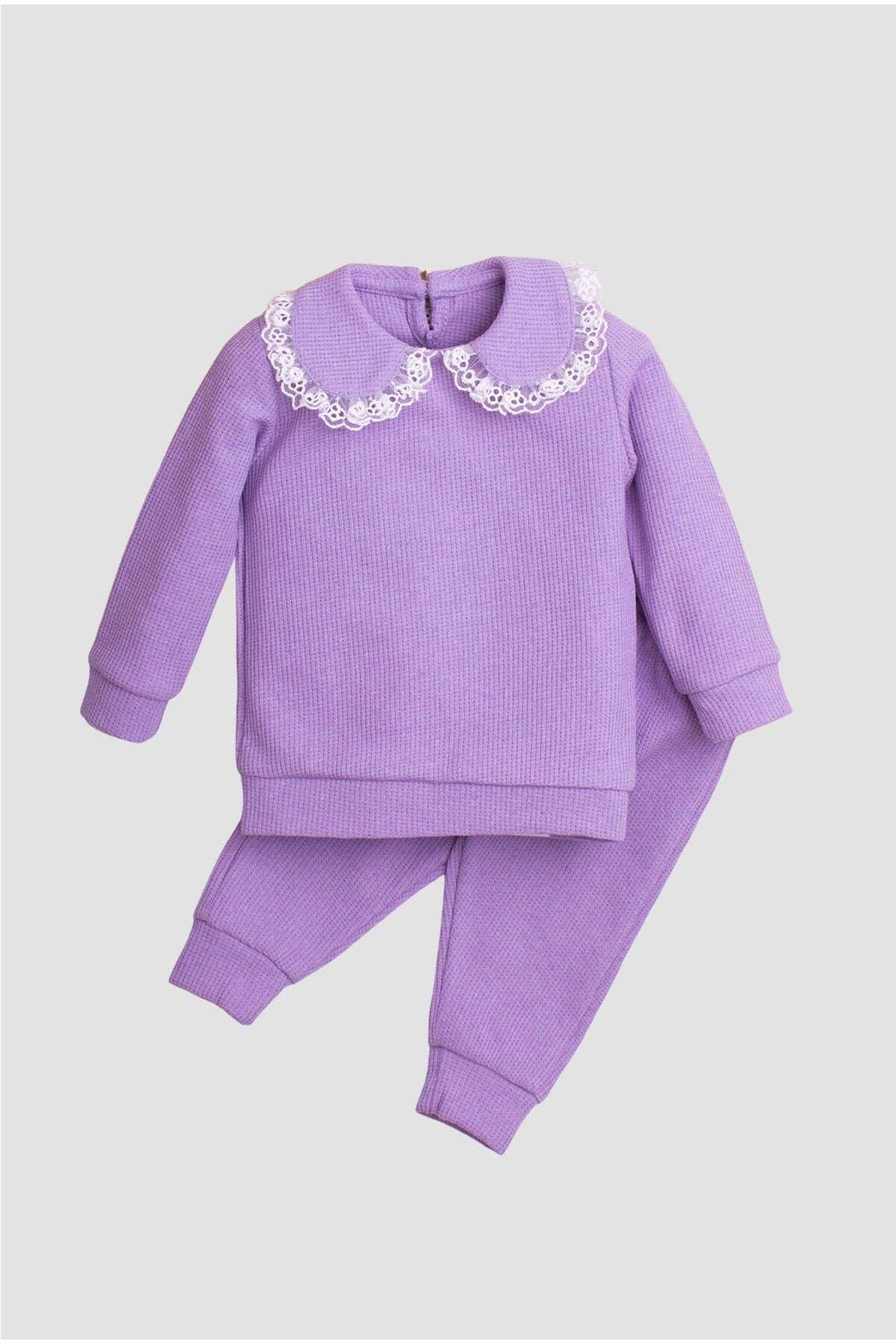 Pamuklu Waffle Kumaş Yaka Detaylı Tatlı Unisex Bebek&çocuk 2'li Alt Üst Eşofman Takım