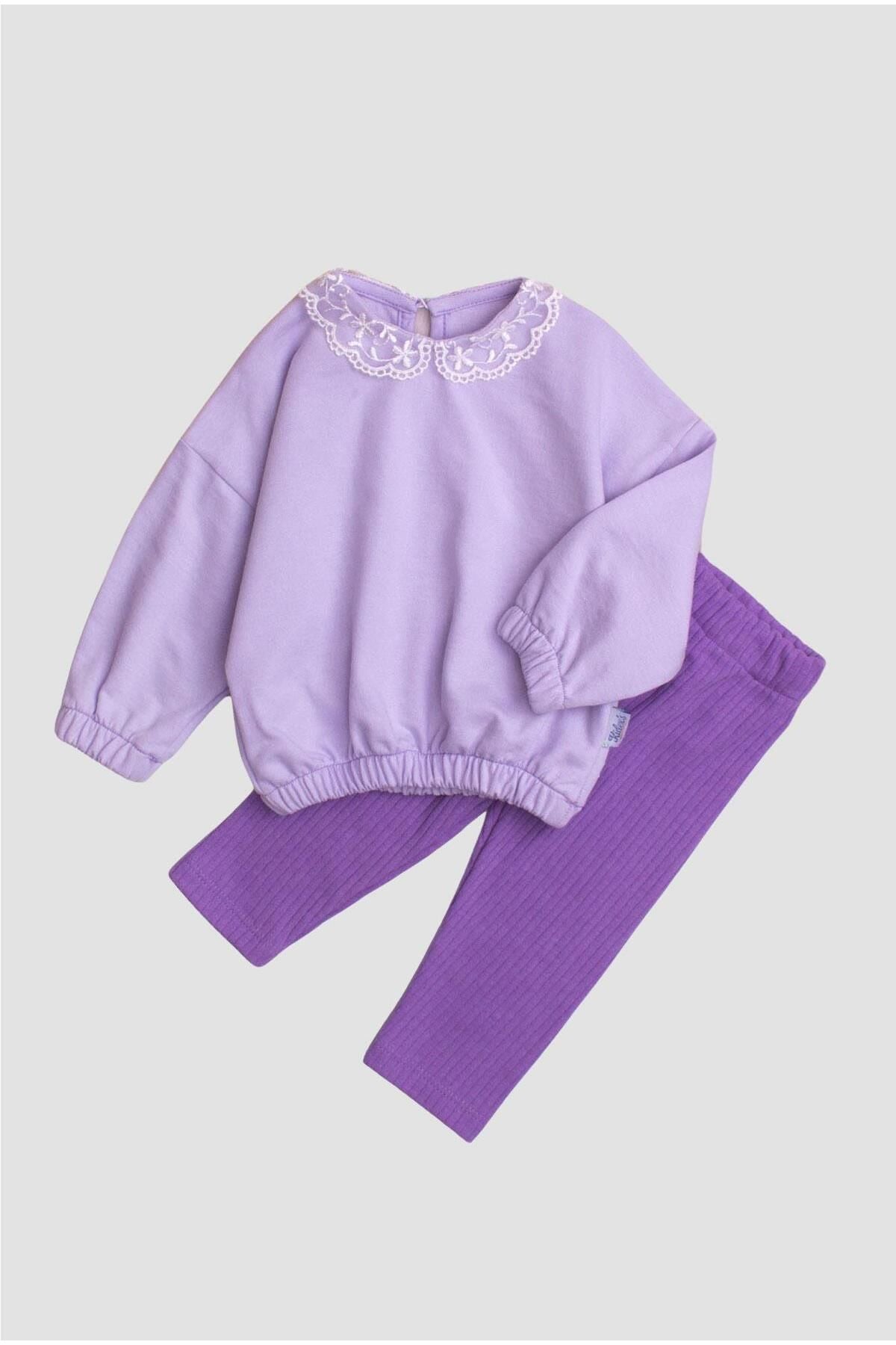 Pamuklu Kumaş Yaka Detaylı Tatlı Unisex Bebek&çocuk 2'li Alt Üst Eşofman Takım
