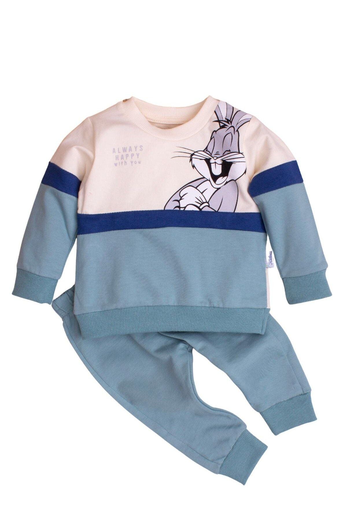 Pamuklu Bugs Bunny Baskılı Tatlı Unisex Bebek&çocuk 2'li Alt Üst Eşofman Takım