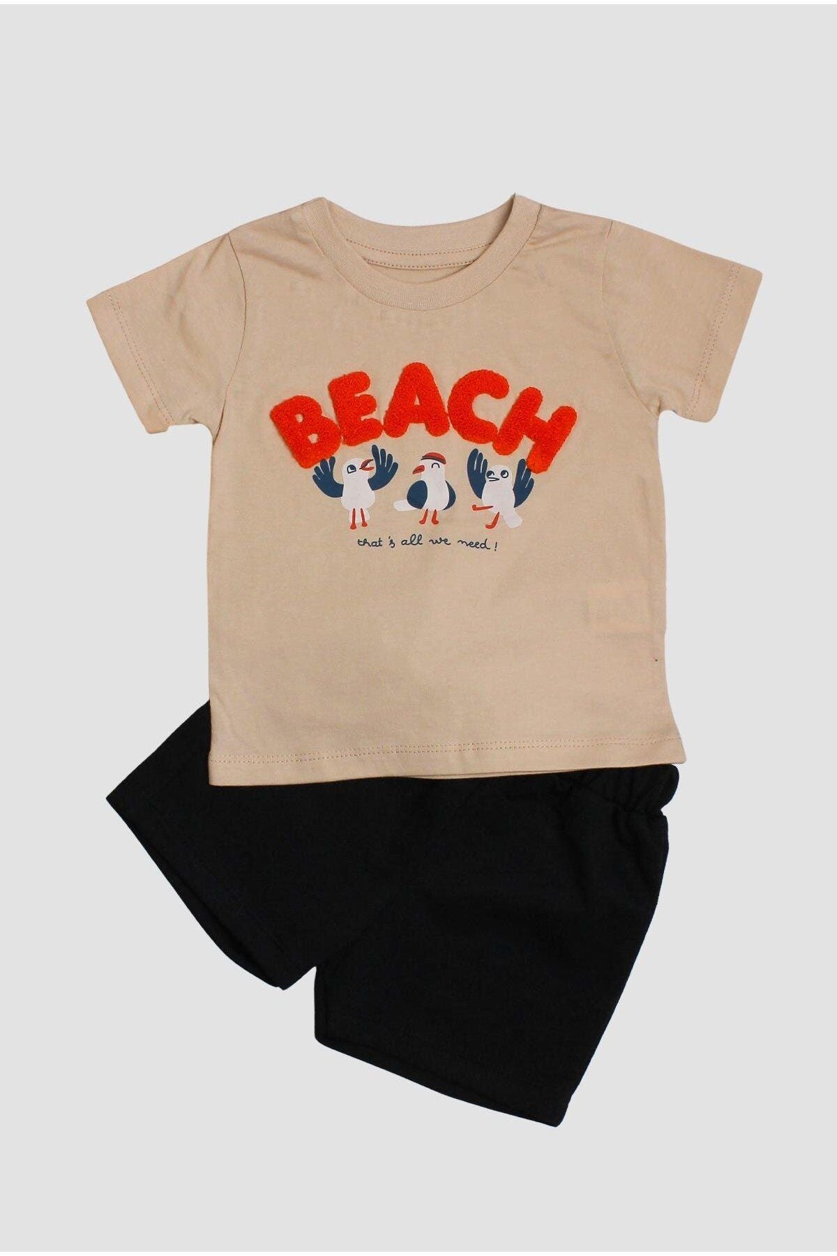 Erkek Bebek Beach Nakışlı Kuş Baskı Desenli 2'li Alt Üst Takım