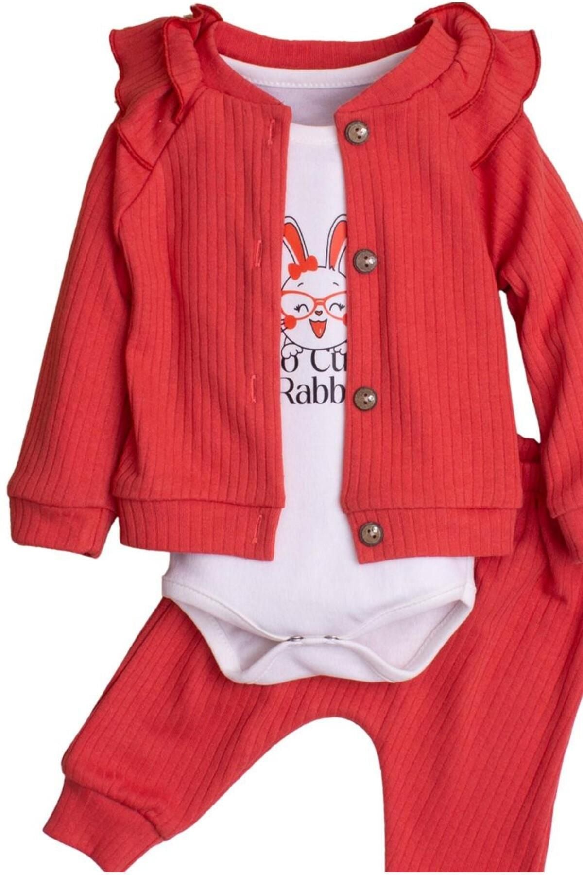 Kız Bebek Fitilli Fırfır Detaylı Pamuklu Zıbınlı  3'lü Bebek Takımı