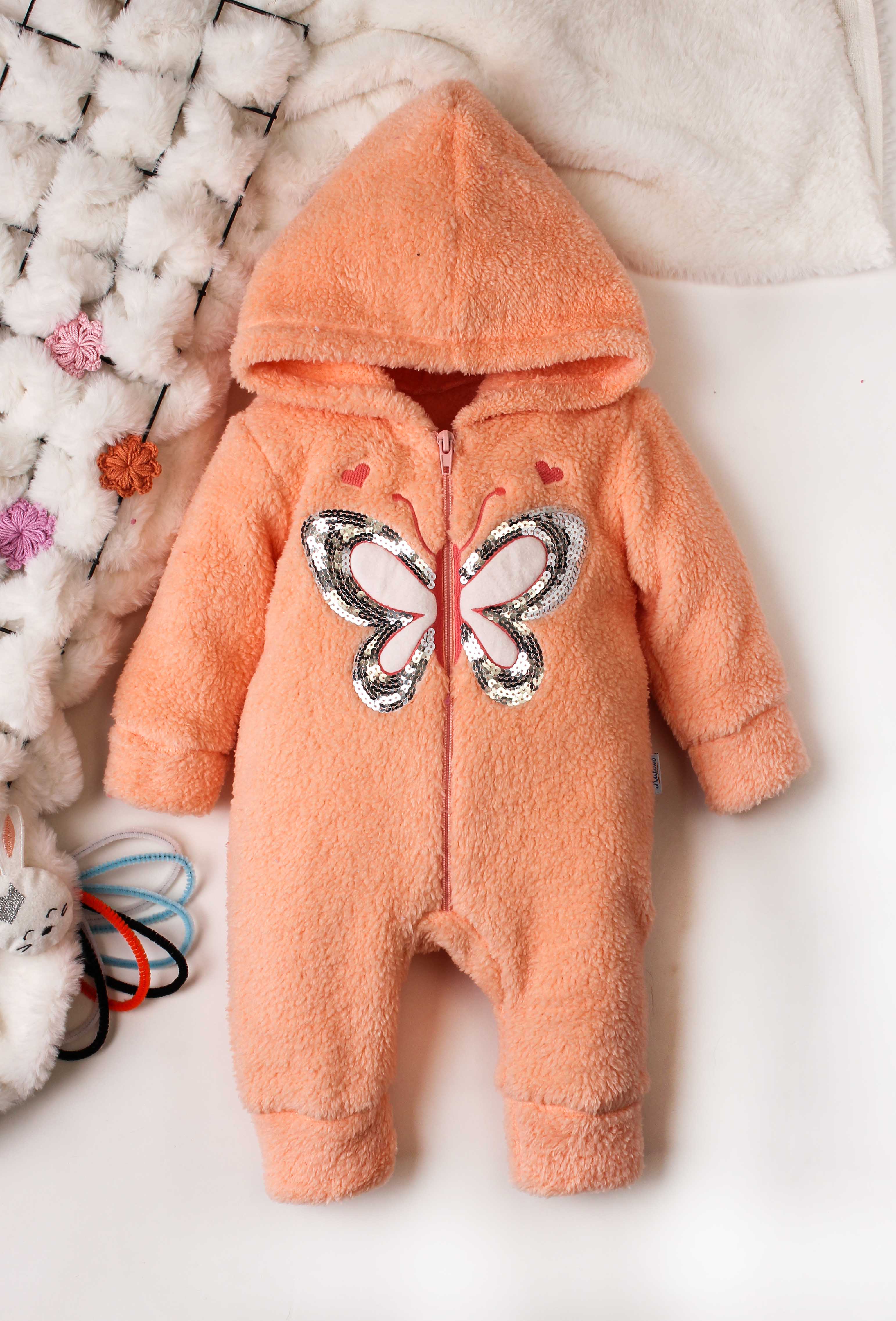 Kız Bebek Simli Kelebek Nakışlı Kapüşonlu Peluş Tulum Fermuarlı 0-12 Ay