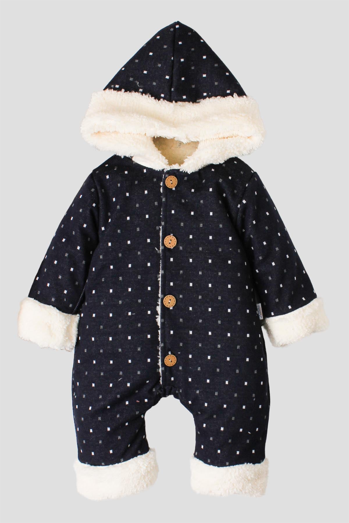Unisex Bebek Kapüşonlu Desenli Peluş Astarlı Kışlık Tulum 0 12 Ay