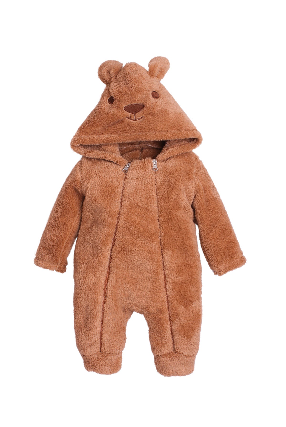Unisex Bebek Peluş Kulaklı Ayıcık Tulum Fermuarlı Kapüşonlu 0-12 Ay