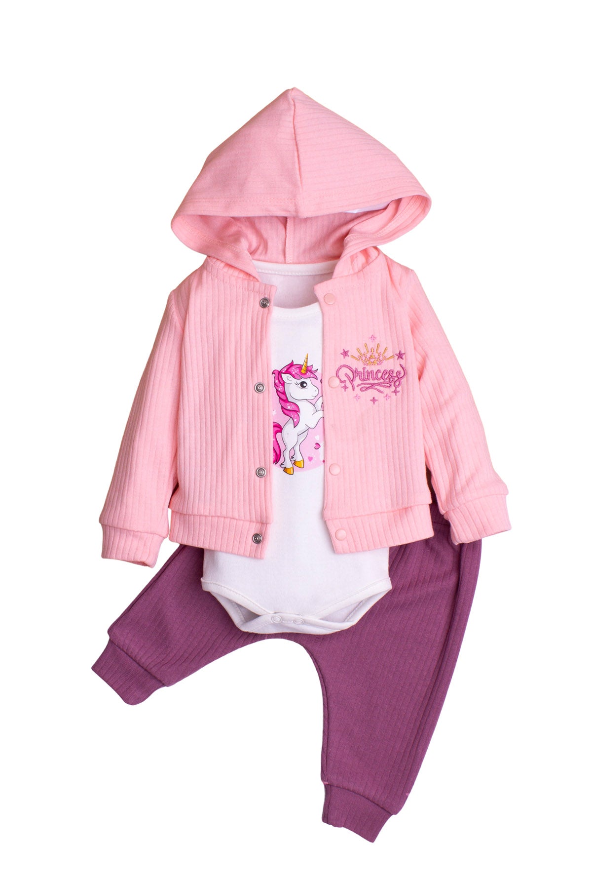 Kız Bebek Unicorn Desenli Kapüşonlu 3’lü Takım Body Hırka ve Pantolon