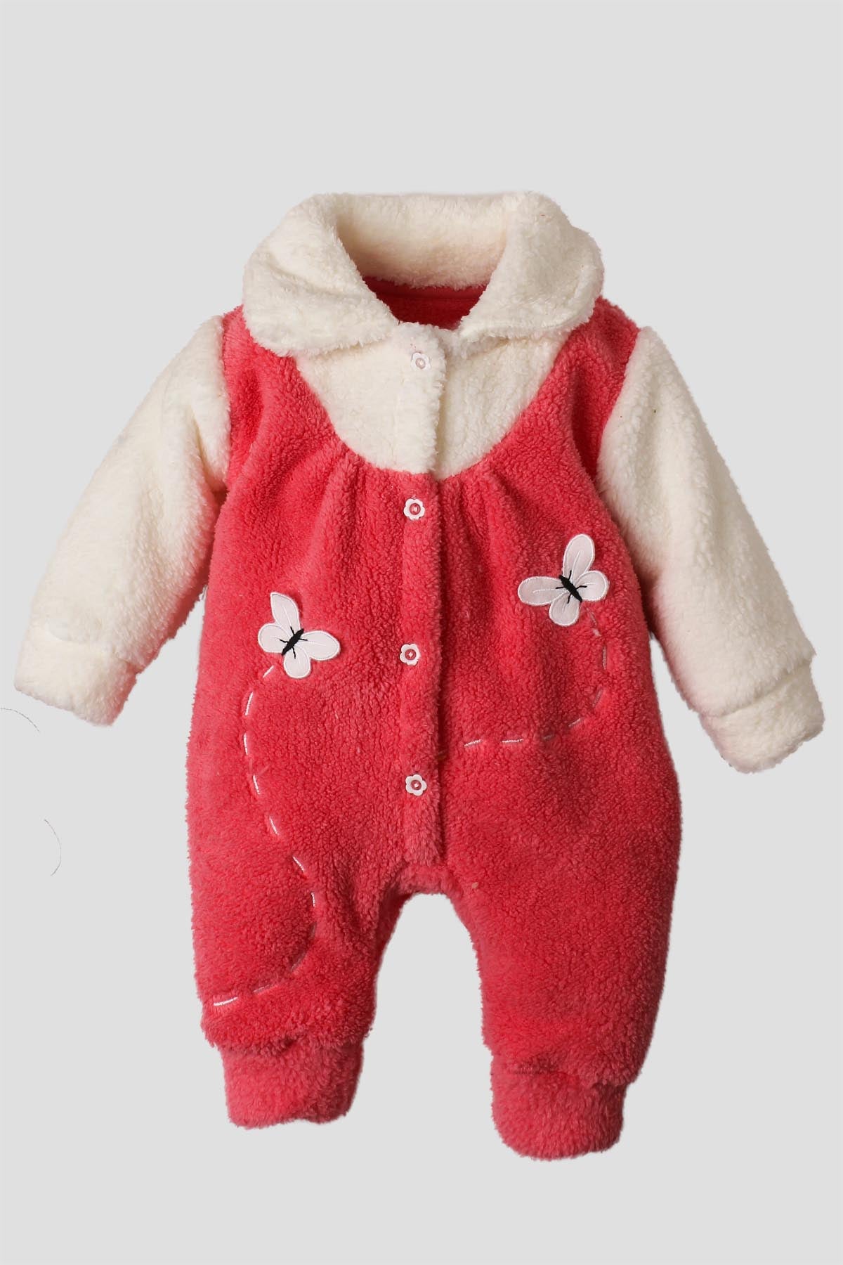 Kız Bebek Tulum Peluş Kelebek Aplikeli Yakalı Kız Bebek Tulum 0-12 Ay