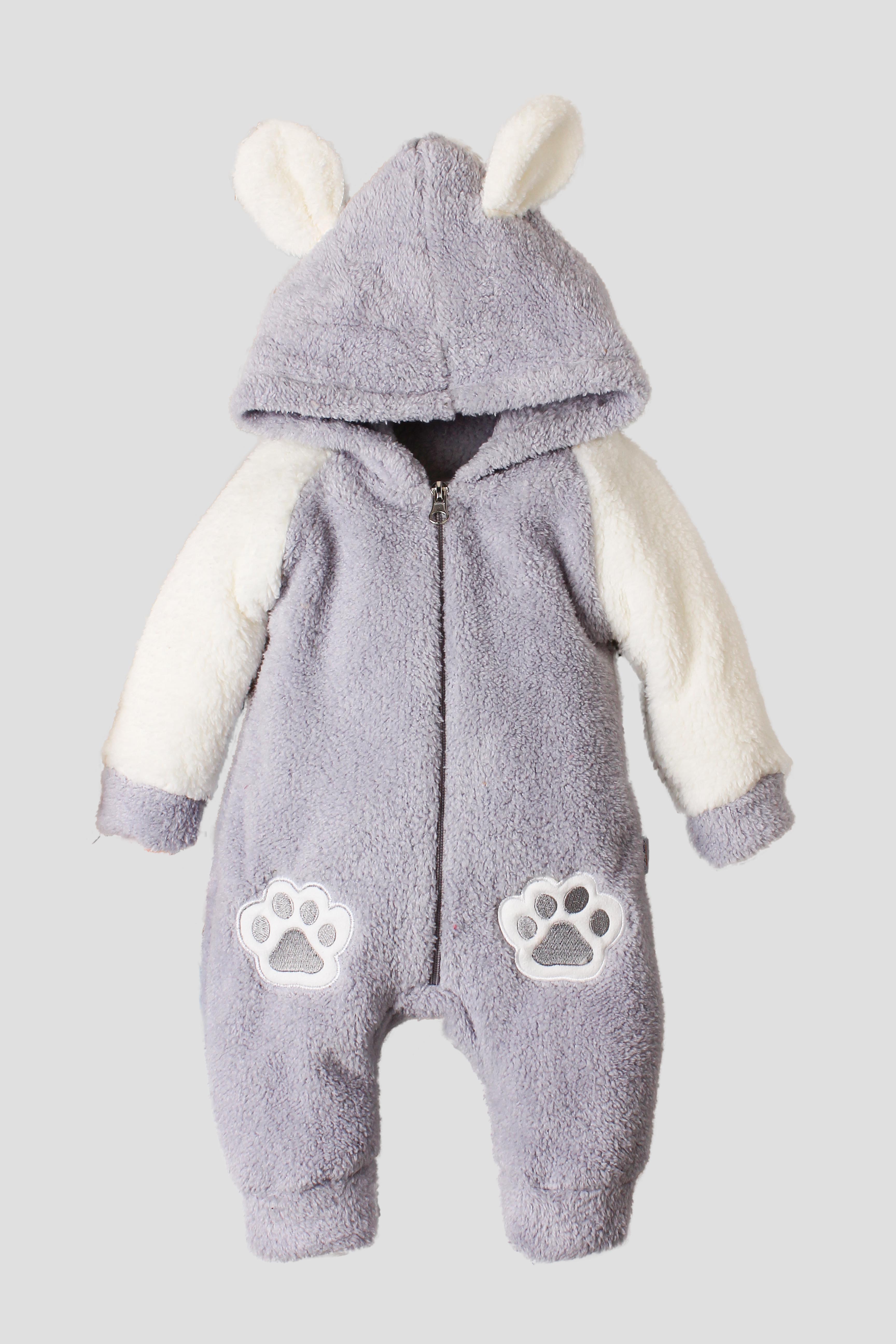 Bebek Kulaklı Patili Peluş Fermuarlı Kışlık Tulum Kapüşonlu 0-12 Ay