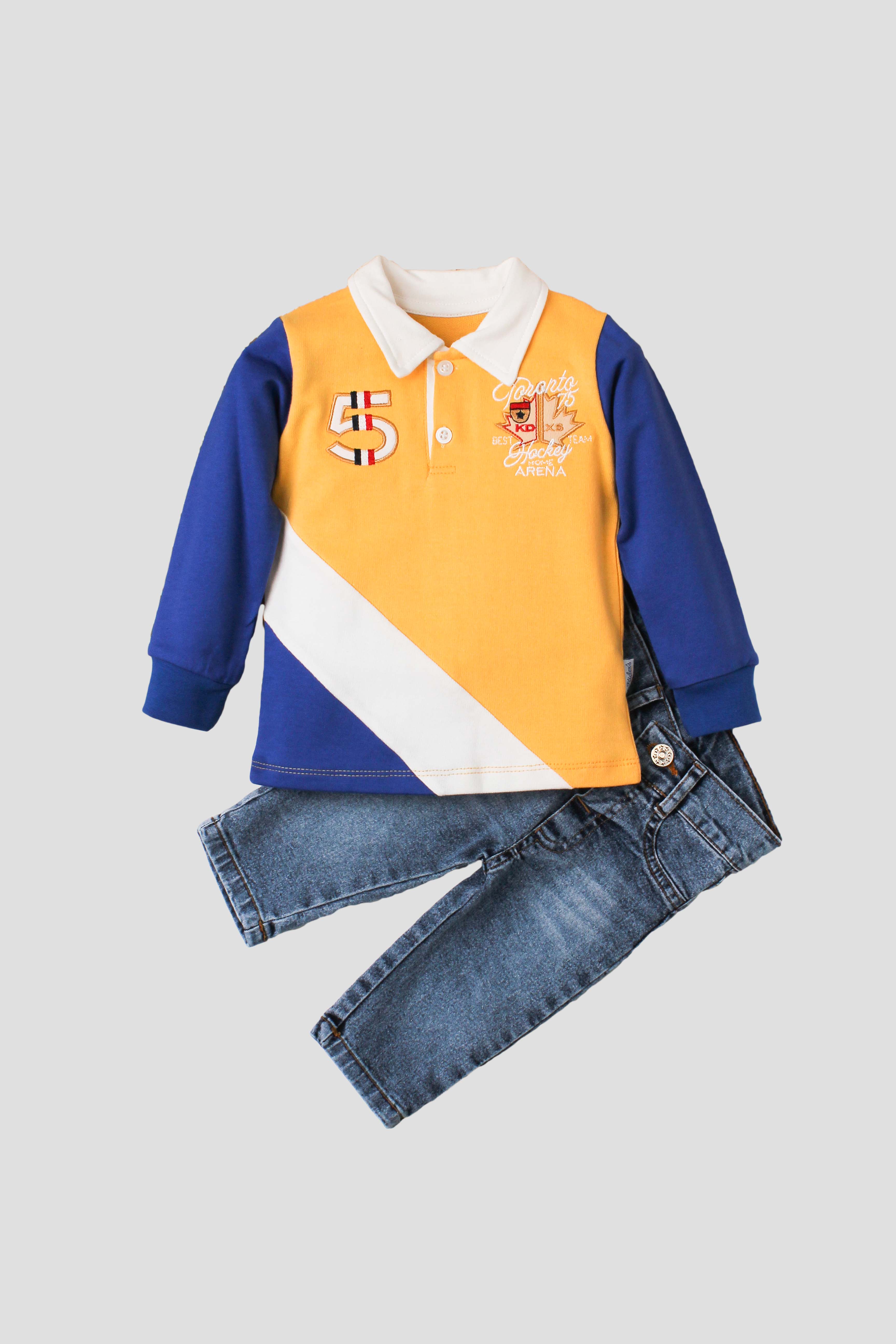 Erkek Bebek Polo Yaka Renkli Sweatshirtlü Kot Pantolonlu 2'li Spor Takım 9 24 Ay
