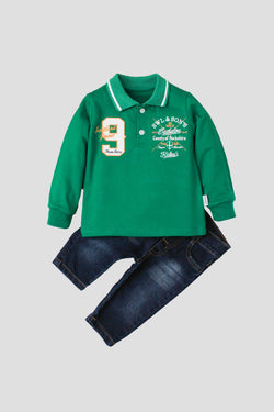 Erkek Bebek Nakışlı Polo Yaka Sweatshirtlü Kot Pantolonlu 2'li Takım 9 24 Ay