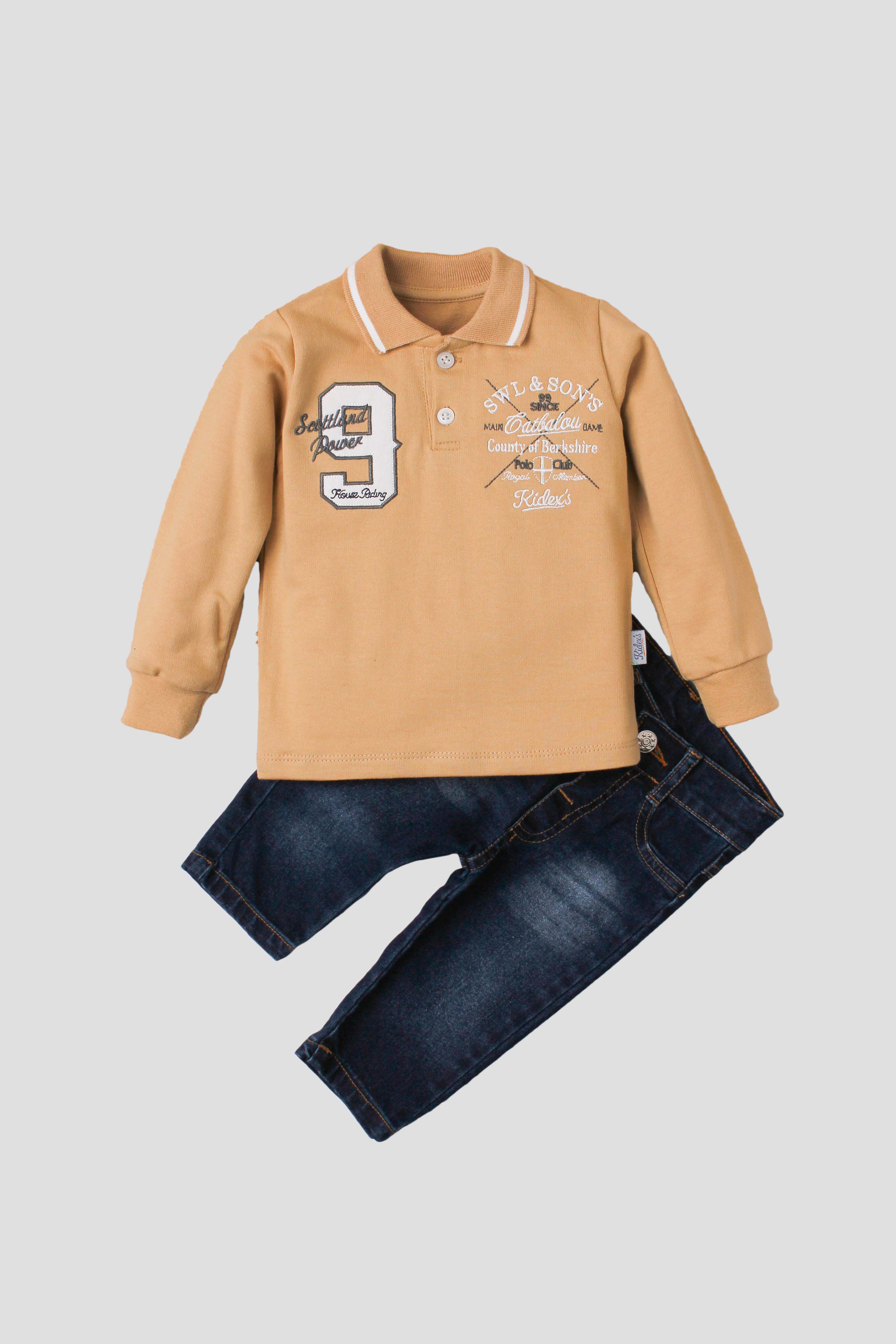 Erkek Bebek Nakışlı Polo Yaka Sweatshirtlü Kot Pantolonlu 2'li Takım 9 24 Ay