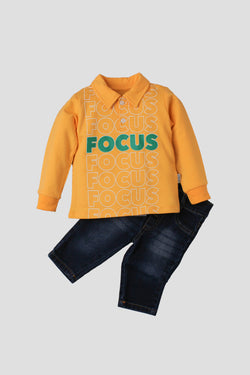 Erkek Bebek Focus Baskılı Polo Yaka Sweatshirtlü Kot Pantolonlu 2'li Takım 9 24 Ay