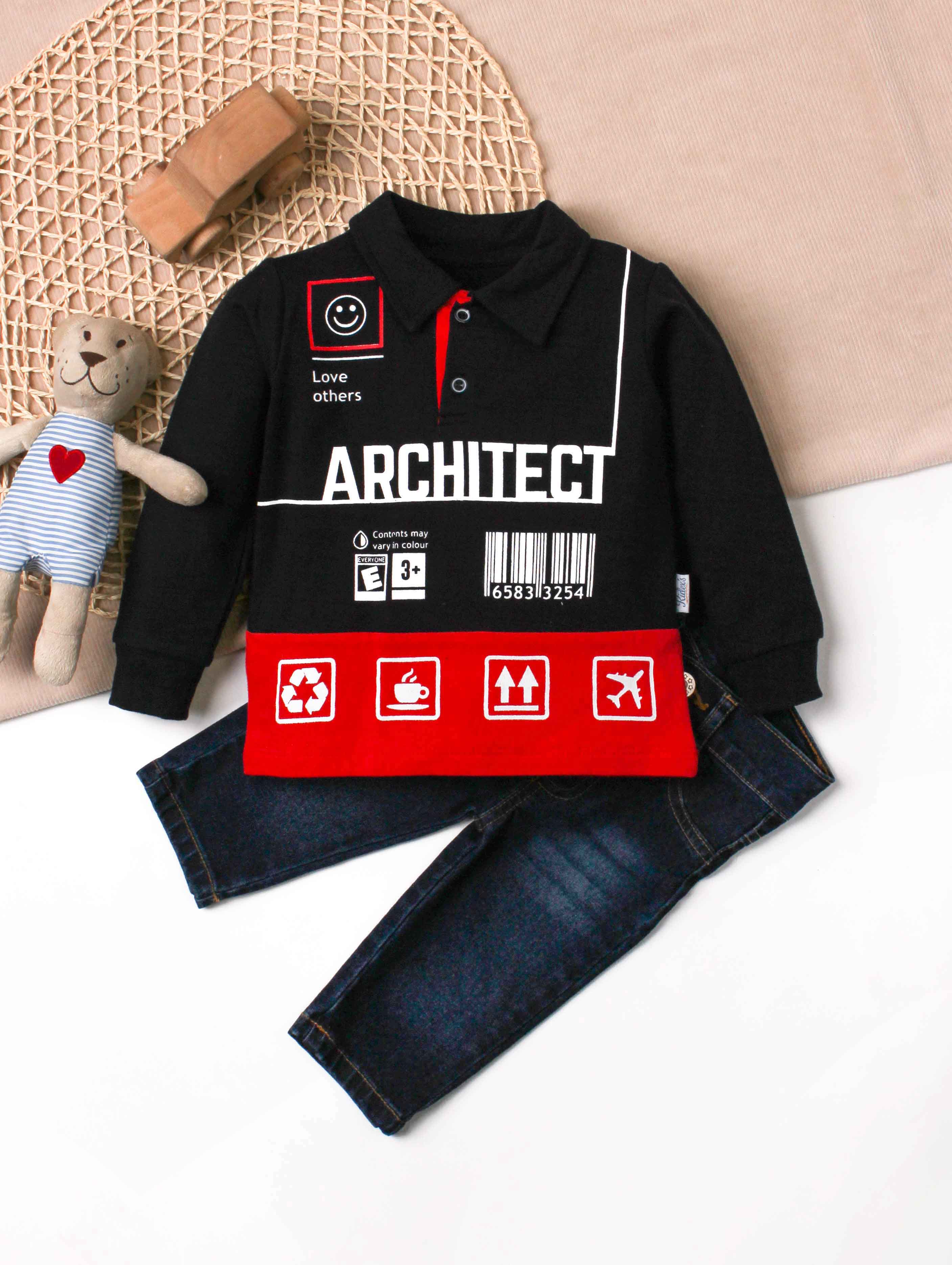 Erkek Bebek Architect Baskılı Polo Yaka Sweatshirtlü Kot Pantolonlu 2'li Takım 9 24 Ay