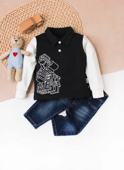Erkek Bebek Polo Yaka Uzun Kollu Sweatshirt ve Kot Pantolon 2’li Takım 9 24 Ay