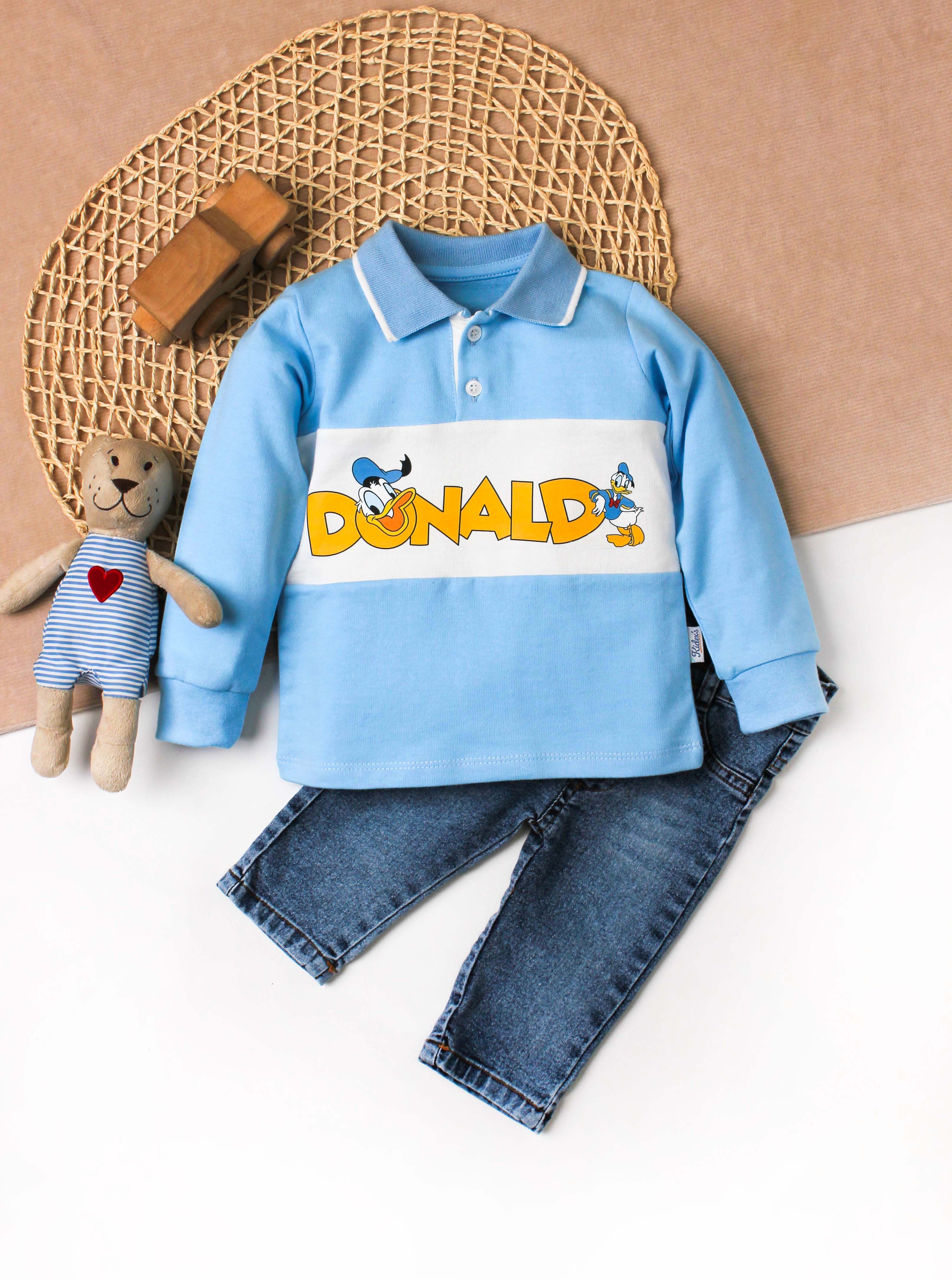Erkek Bebek Donald Baskılı Polo Yaka 2’li Takım Jean Pantolonlu 9-24 Ay
