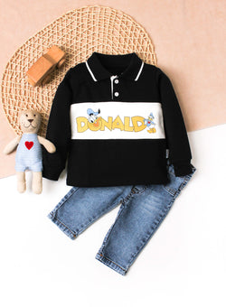 Erkek Bebek Donald Baskılı Polo Yaka 2’li Takım Jean Pantolonlu 9-24 Ay