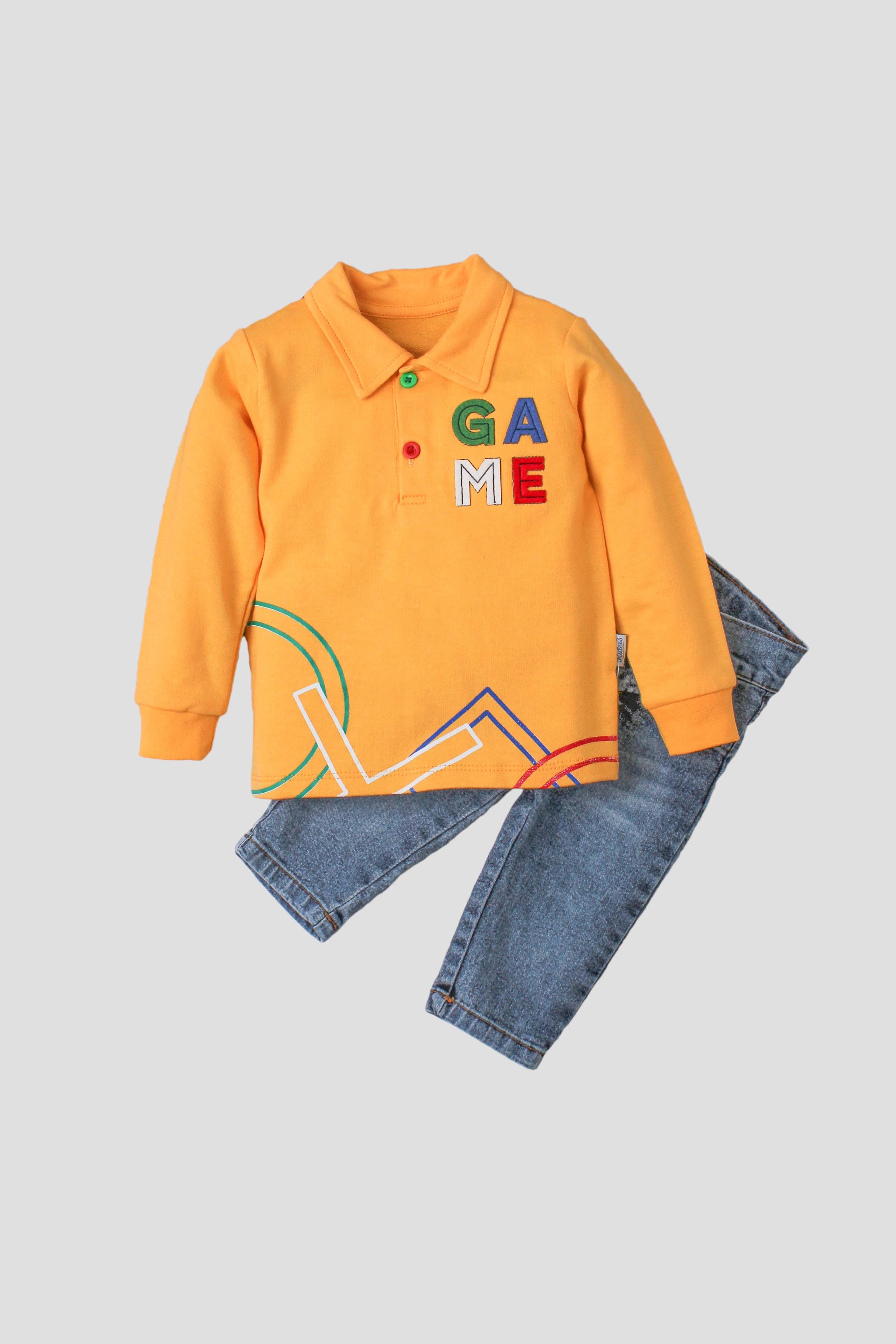 Erkek Bebek GAME Nakışlı Polo Yaka 2’li Takım Jean Pantolonlu 9-24 Ay