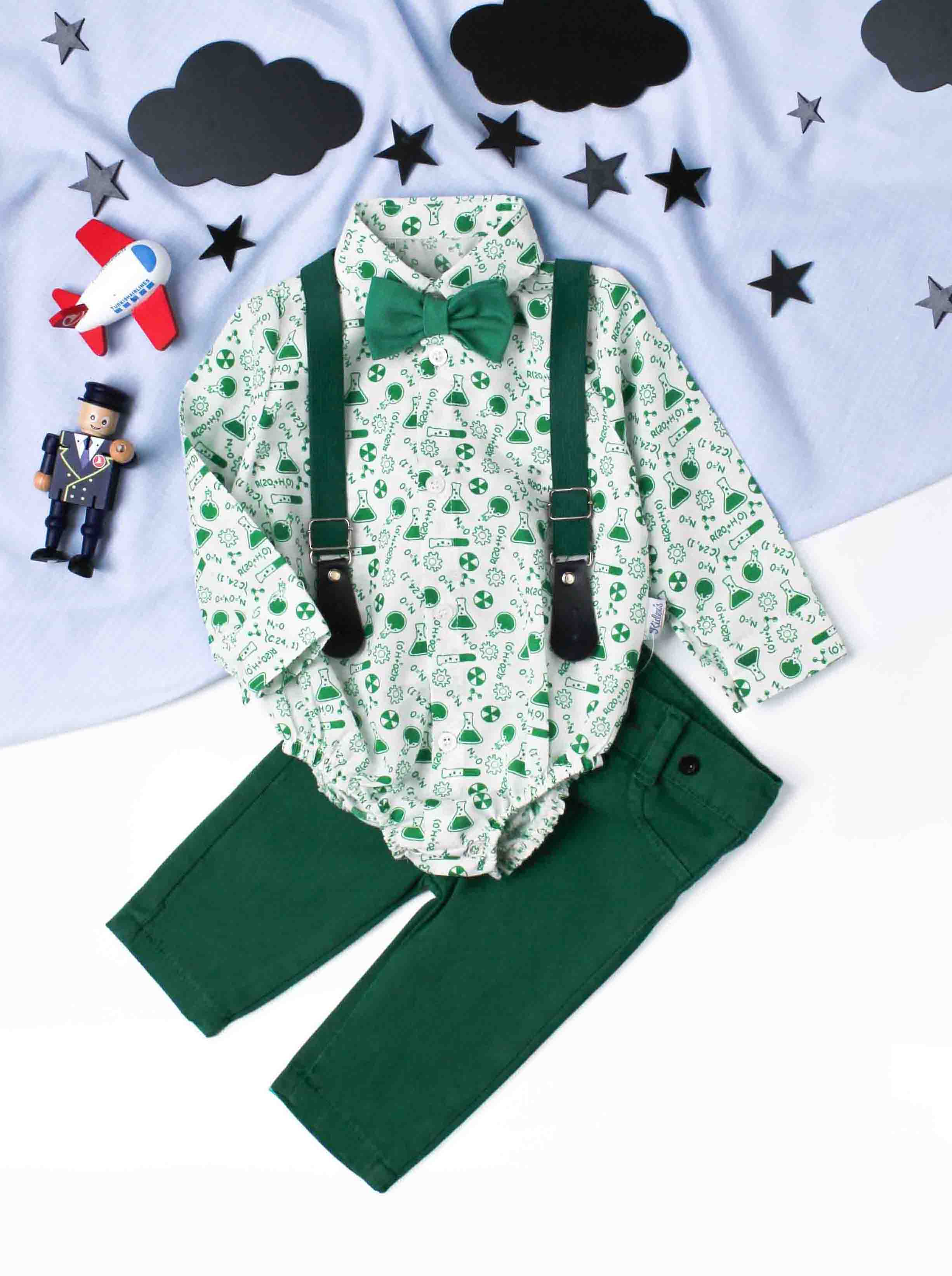 Erkek Bebek Bilim Desenli Papyonlu 3'lü Şık Takım Pantolon Askılı Body 6-24 Ay