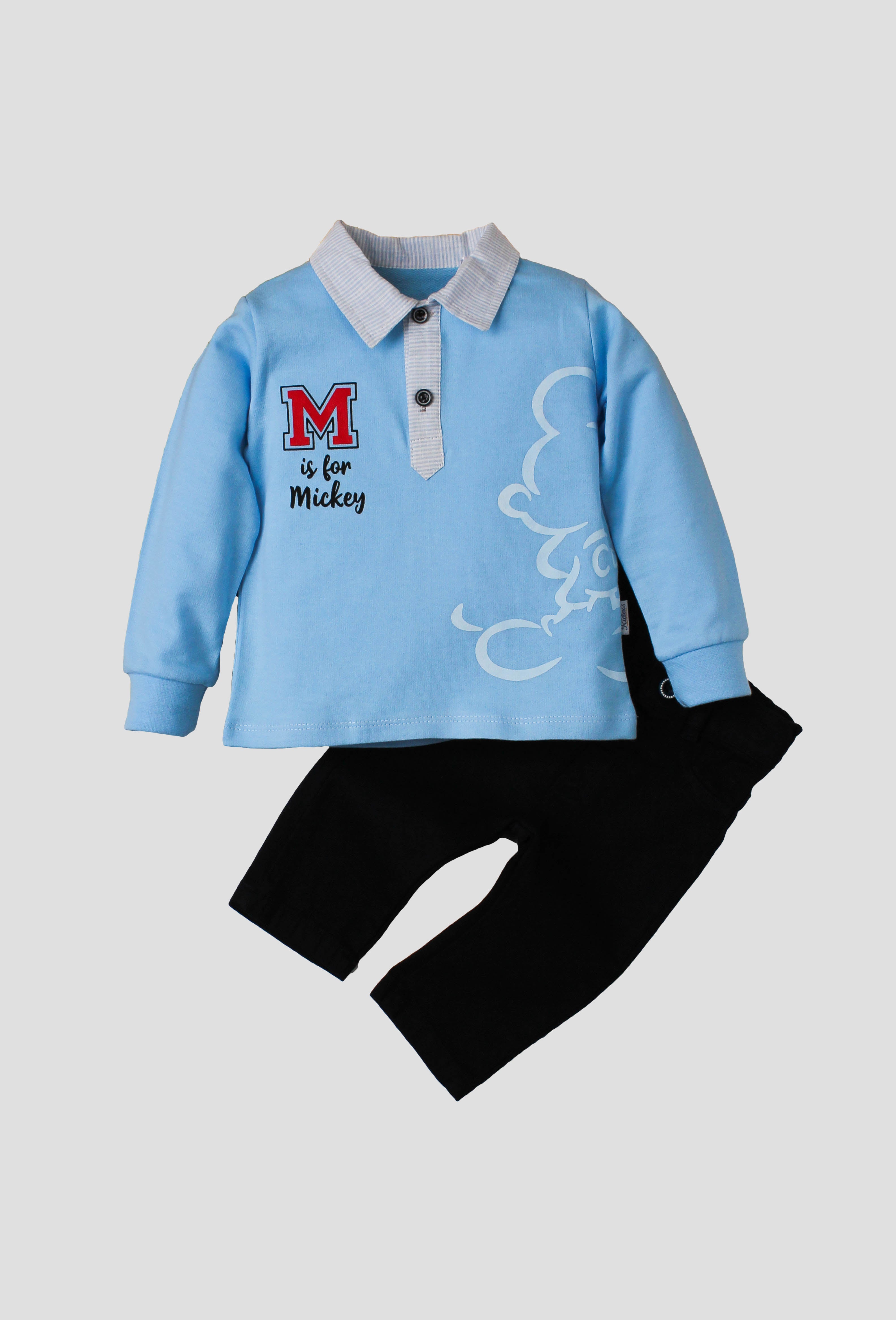 Erkek Bebek Mickey Mouse Baskılı Polo Yaka 2’li Takım Pantolonlu 9-24 Ay