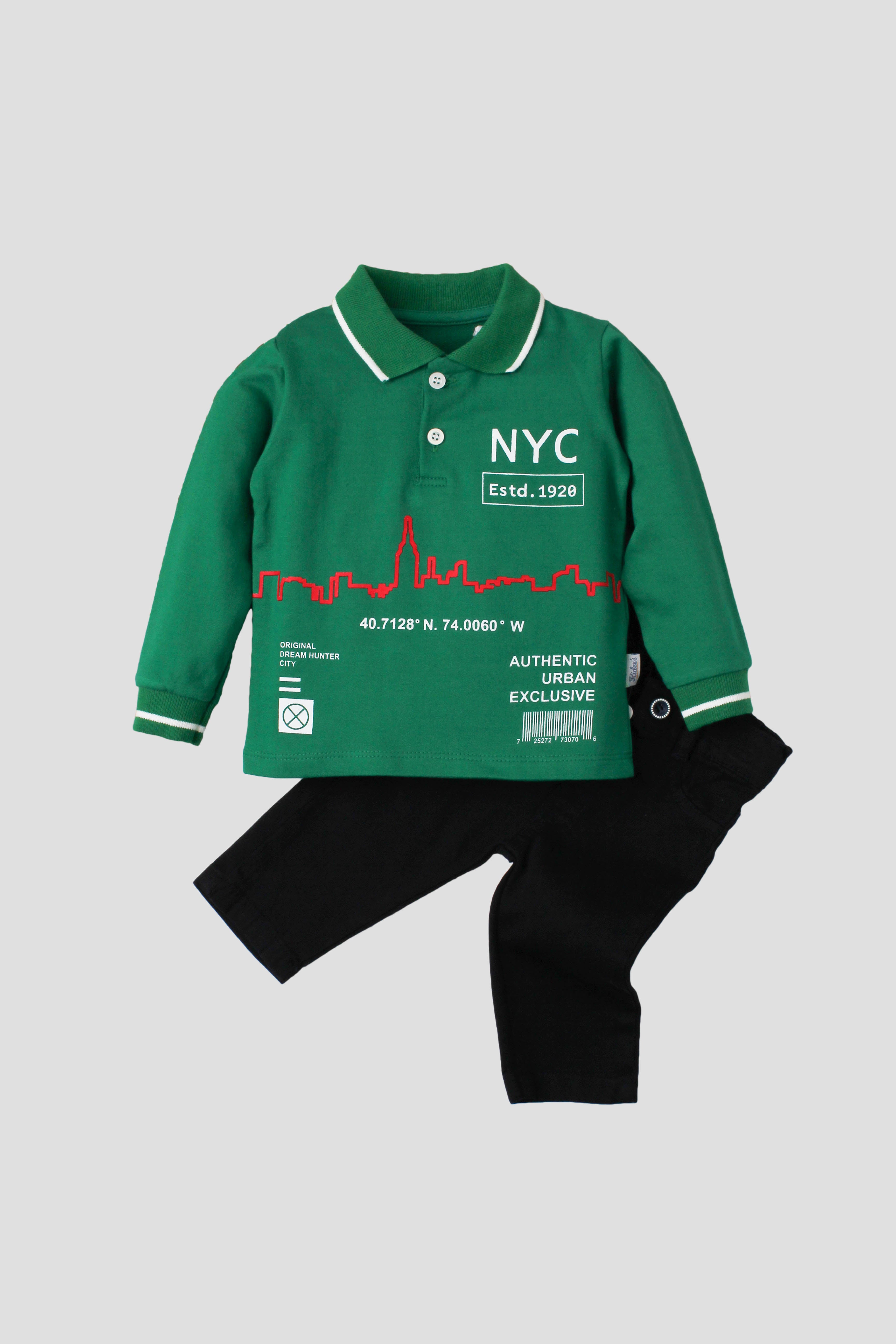 Erkek Bebek NYC Şehir Baskılı Polo Yaka 2'li Takım Pantolonlu 9-24 Ay