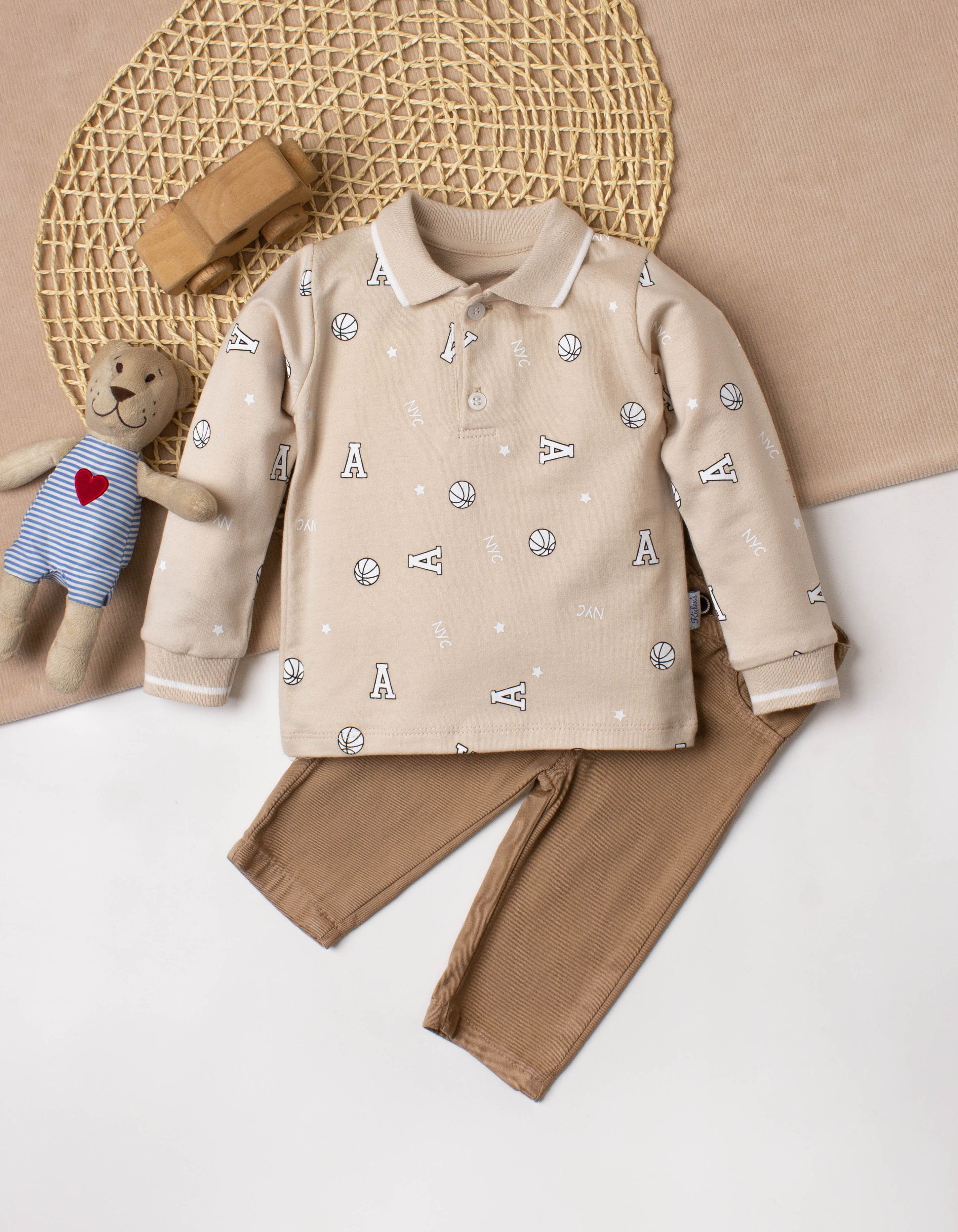Erkek Bebek Polo Yaka Baskılı Sweat Pantolon 2’li Takım Bej 6 24 Ay