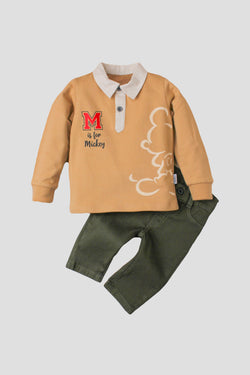 Erkek Bebek Mickey Mouse Baskılı Polo Yaka 2’li Takım Pantolonlu 9-24 Ay