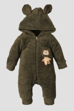 Peluş Ayıcık Cepli Kulaklı Kapüşonlu Kışlık Bebek Tulum Taba 0 24 Ay
