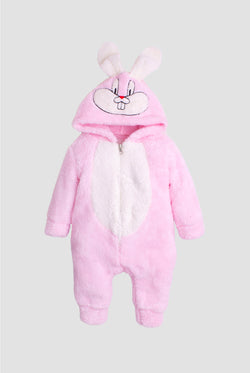 Unisex Bebek Tavşan Figürlü Peluş Kapüşonlu Tulum 0-12 Ay