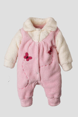 Kız Bebek Tulum Peluş Kelebek Aplikeli Yakalı Kız Bebek Tulum 0-12 Ay
