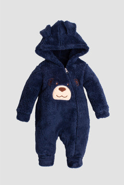 Unisex Kapüşonlu Gülümseyen Ayıcık Desenli Peluş Bebek Tulum 0-12 Ay