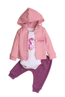 Kız Bebek Unicorn Desenli Kapüşonlu 3’lü Takım Body Hırka ve Pantolon