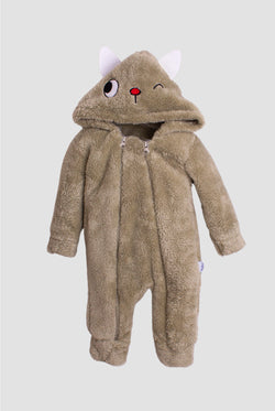 Unisex Bebek Kedi Figürlü Fermuarlı Kapüşonlu Peluş Tulum 0 12 Ay