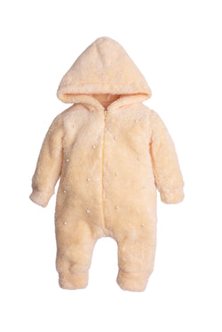 Kız Bebek İnci Detaylı Kapüşonlu Peluş Tulum 0-12 Ay